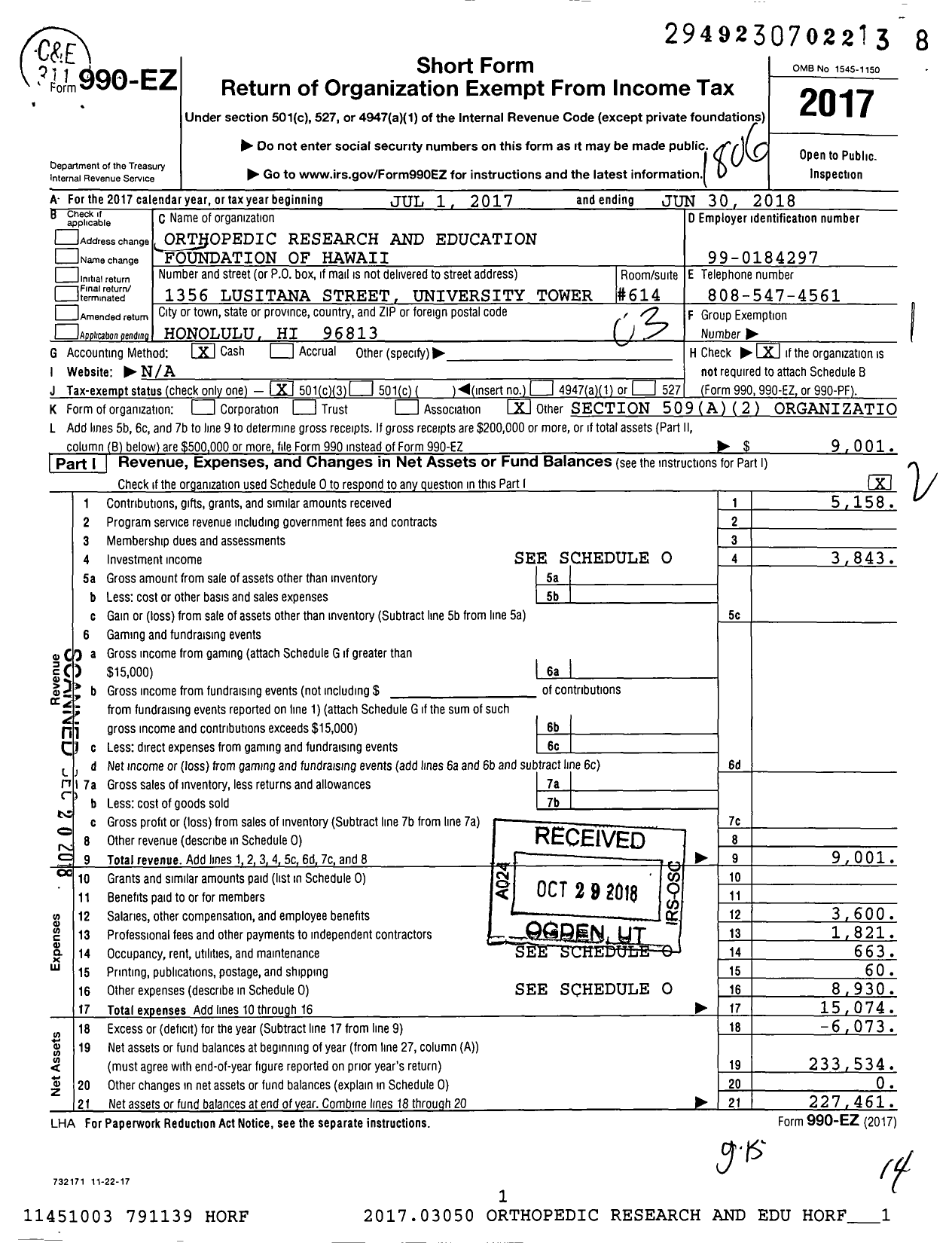 Image of first page of 2017 Form 990EZ for Hawaii Orthopaedic Research and Education Foundation