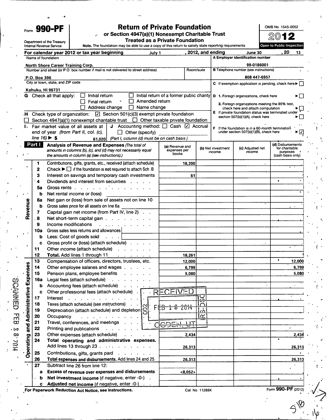 Image of first page of 2012 Form 990PF for North Shore Career Training Corporation