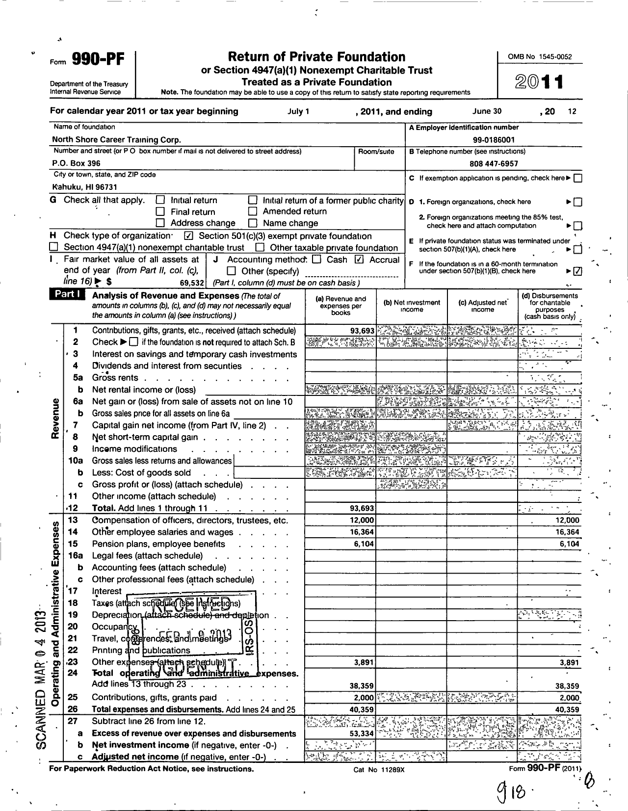 Image of first page of 2011 Form 990PF for North Shore Career Training Corporation