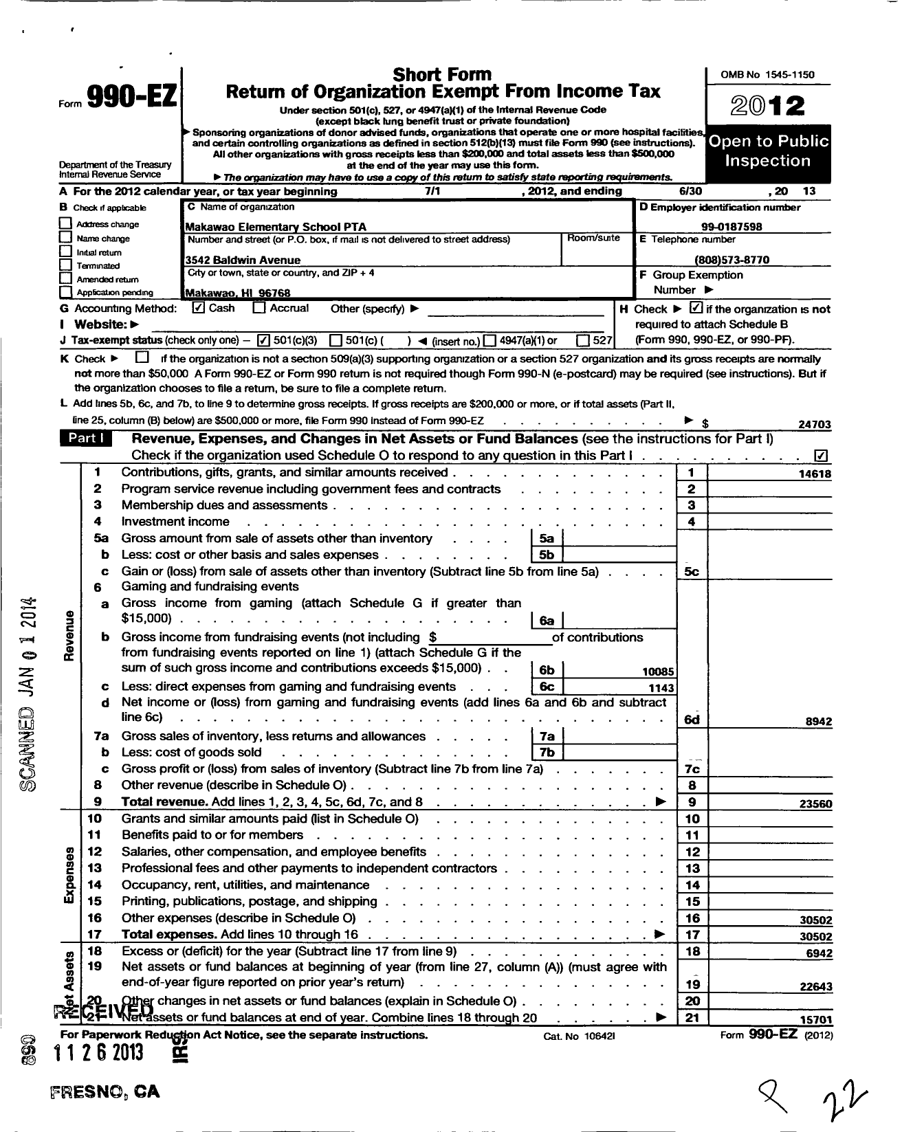 Image of first page of 2012 Form 990EZ for PTA Hawaii Congress / Makawao Elementary School PTA