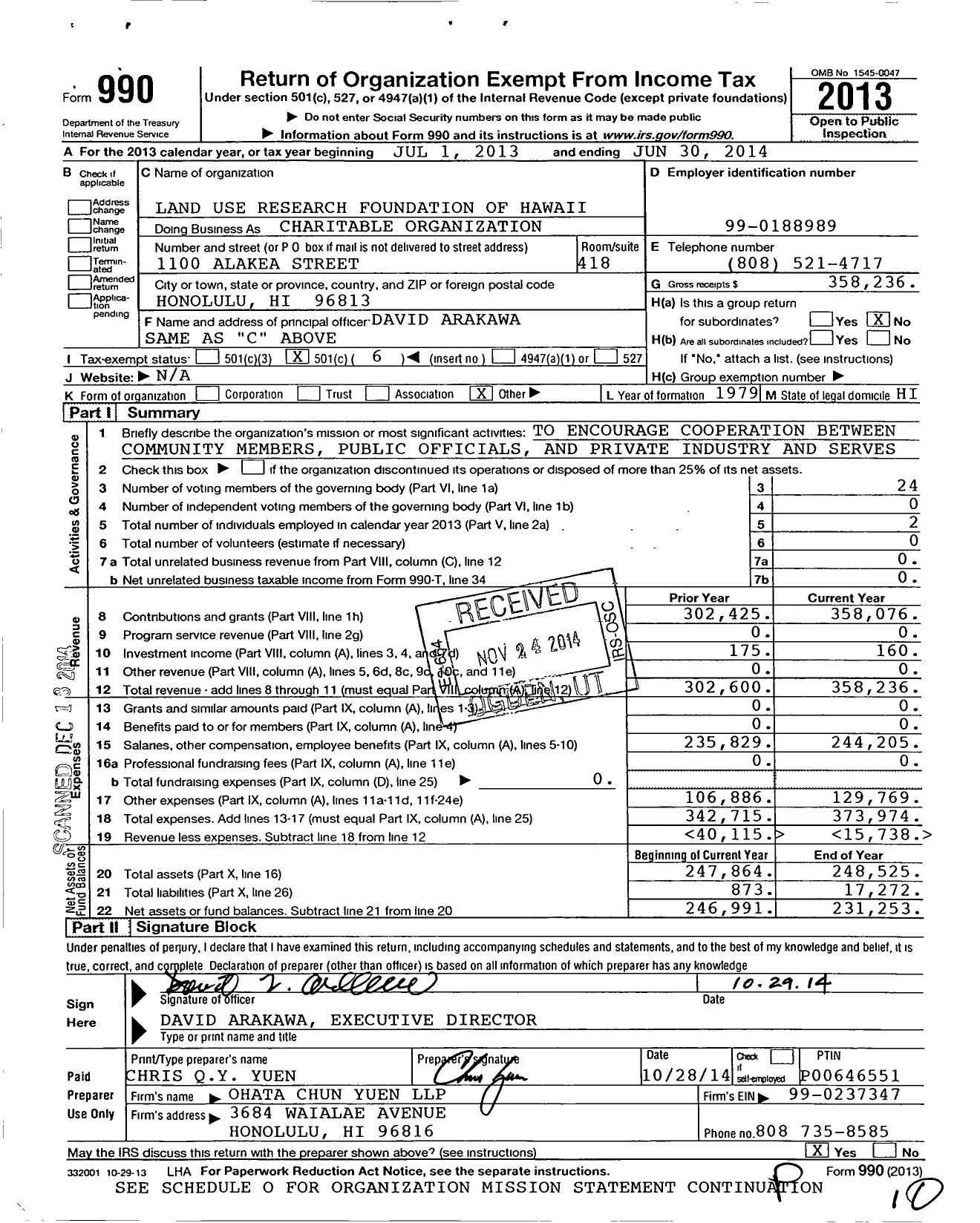 Image of first page of 2013 Form 990O for Land Use Research Foundation of Hawaii
