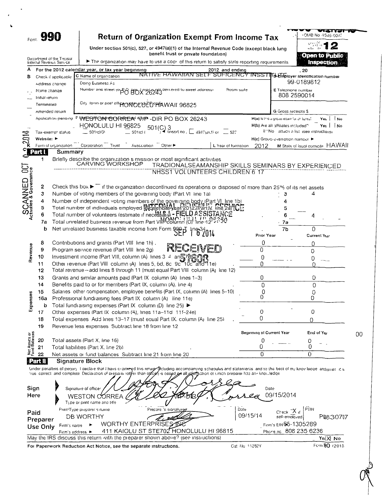 Image of first page of 2012 Form 990 for Native Hawaiian Self-Sufficiency Institute