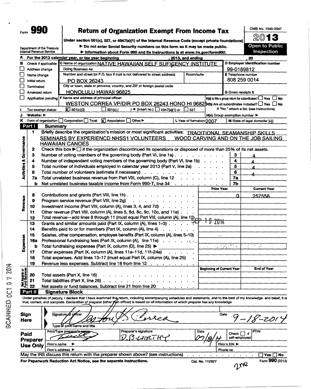 Image of first page of 2013 Form 990 for Native Hawaiian Self-Sufficiency Institute