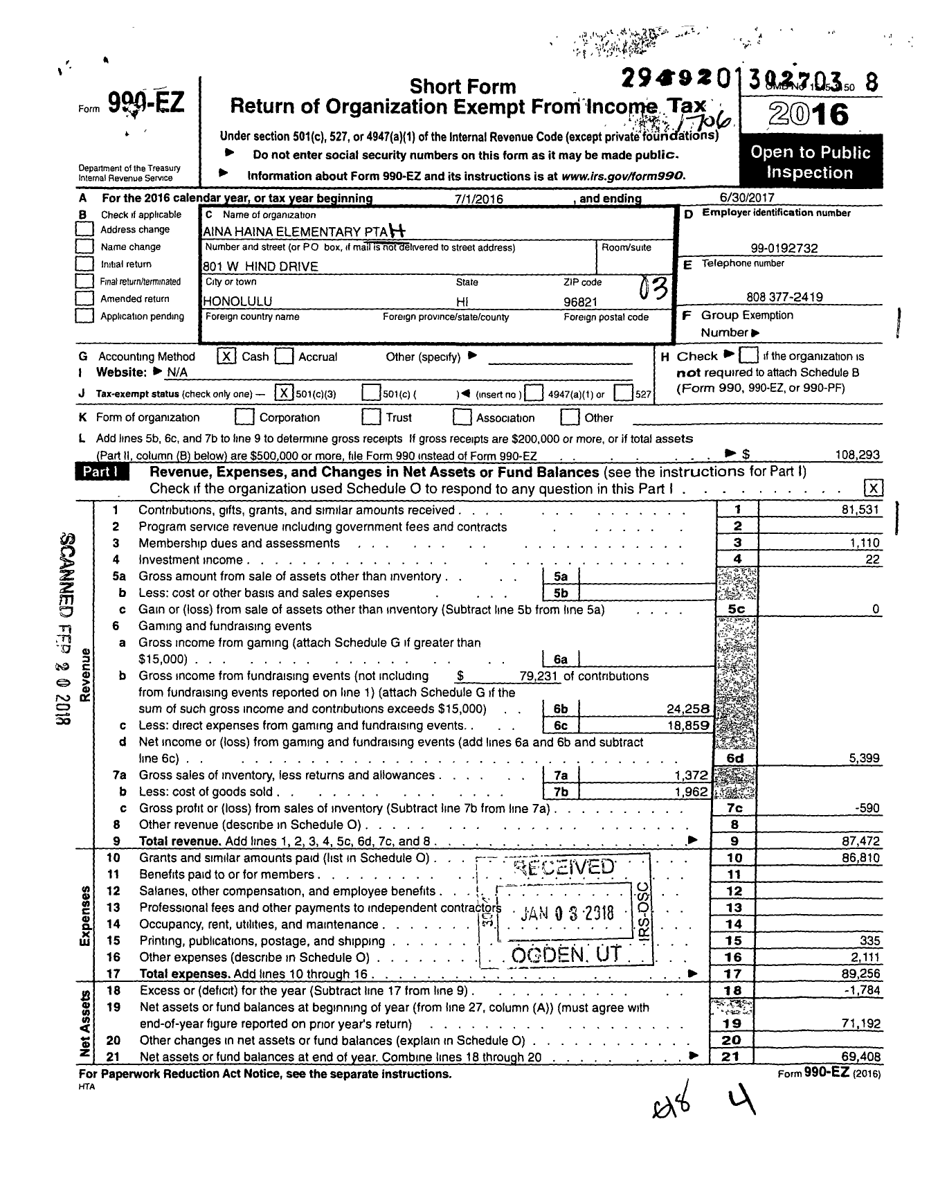 Image of first page of 2016 Form 990EZ for PTA Aina Haina Elementary