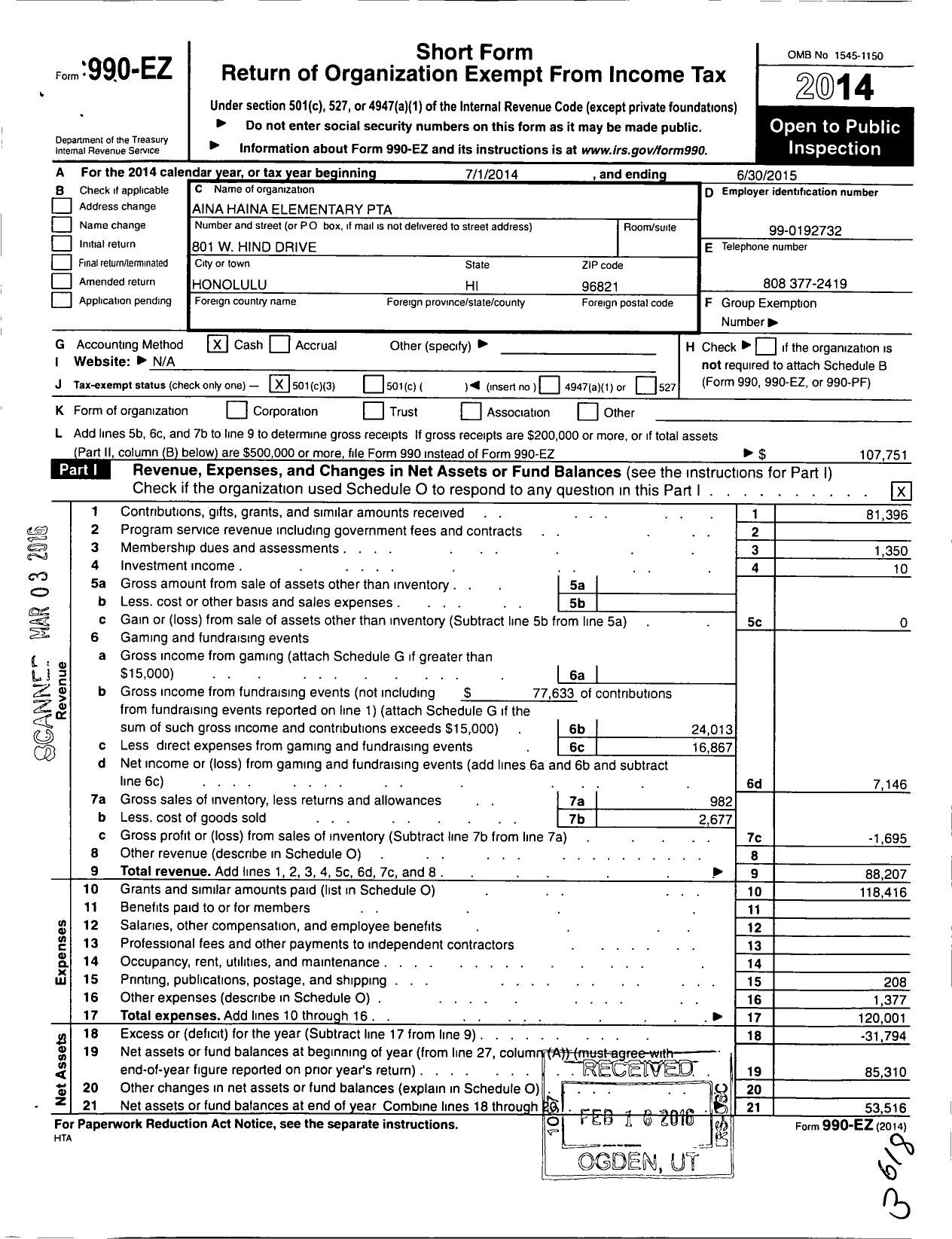 Image of first page of 2014 Form 990EZ for PTA Aina Haina Elementary