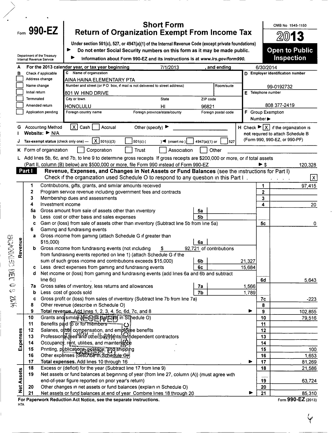 Image of first page of 2013 Form 990EZ for PTA Aina Haina Elementary