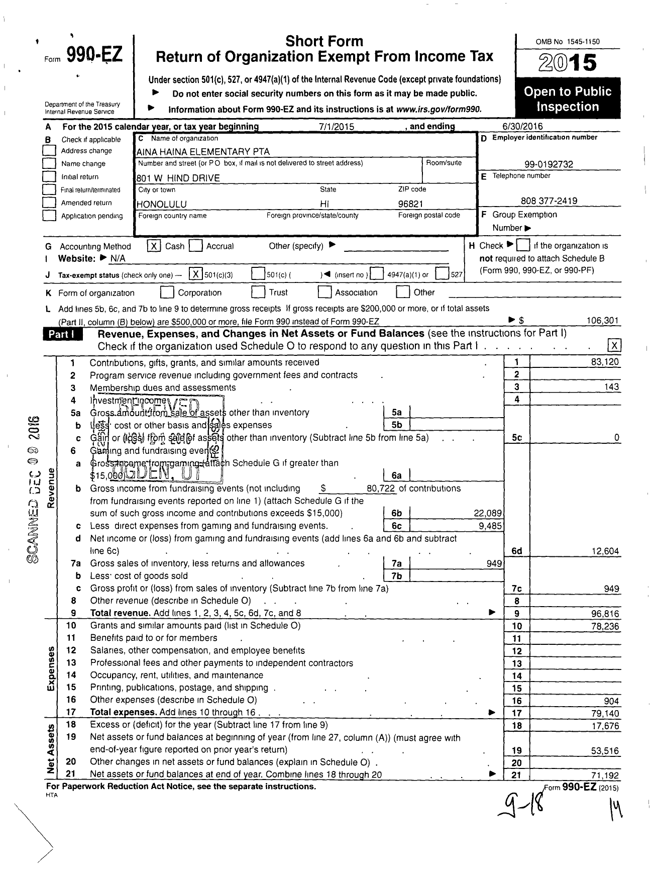 Image of first page of 2015 Form 990EZ for PTA Aina Haina Elementary