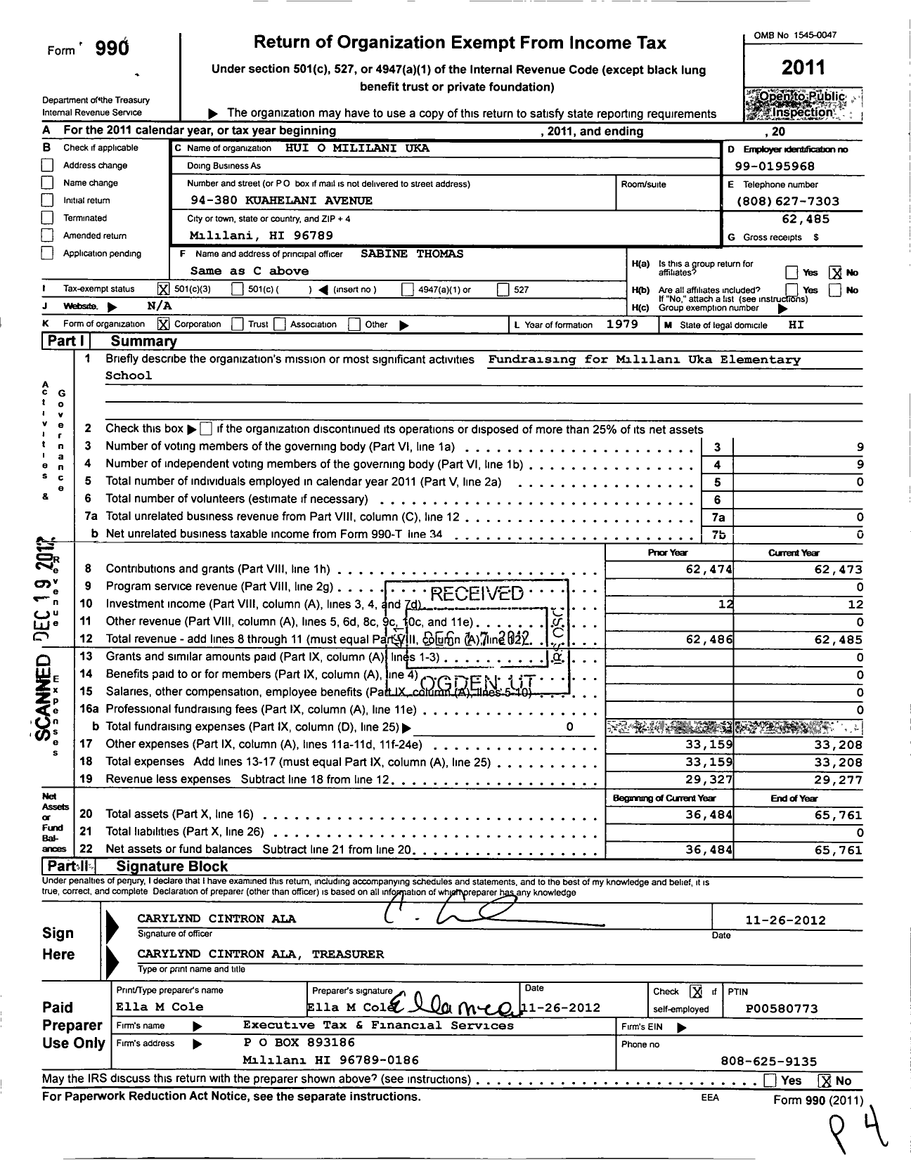 Image of first page of 2011 Form 990 for Hui O Mililani Uka