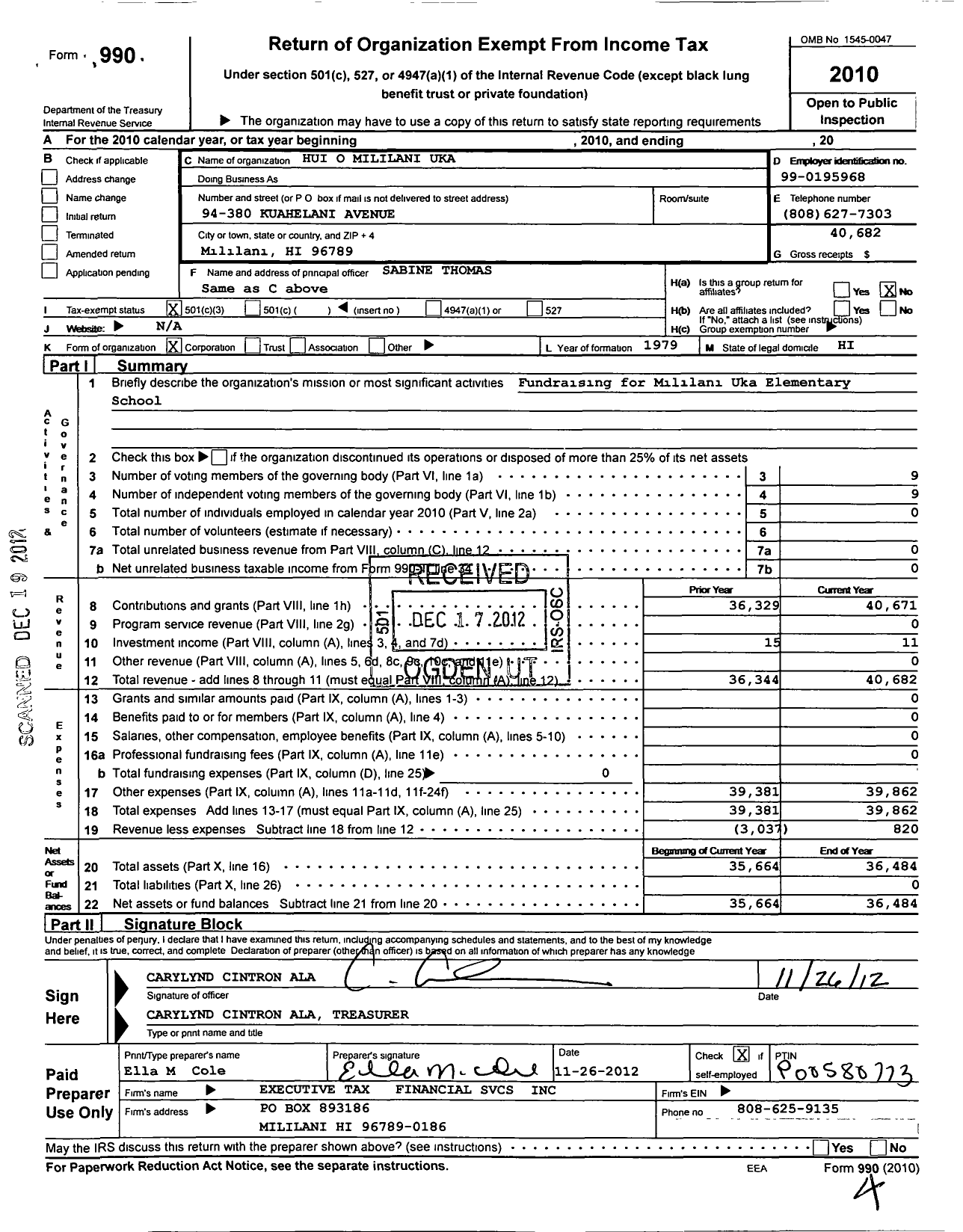 Image of first page of 2010 Form 990 for Hui O Mililani Uka