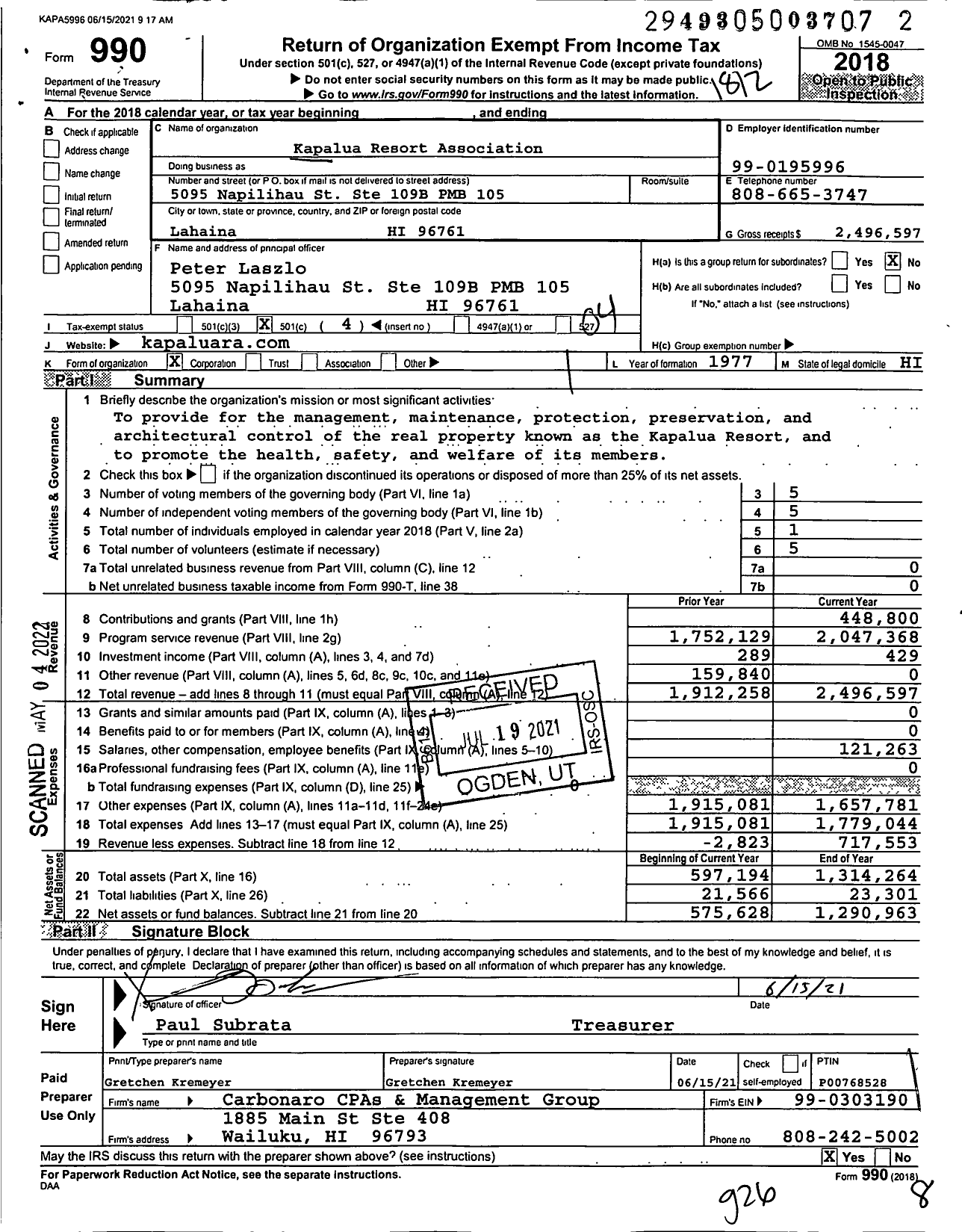 Image of first page of 2018 Form 990O for Kapalua Resort Association