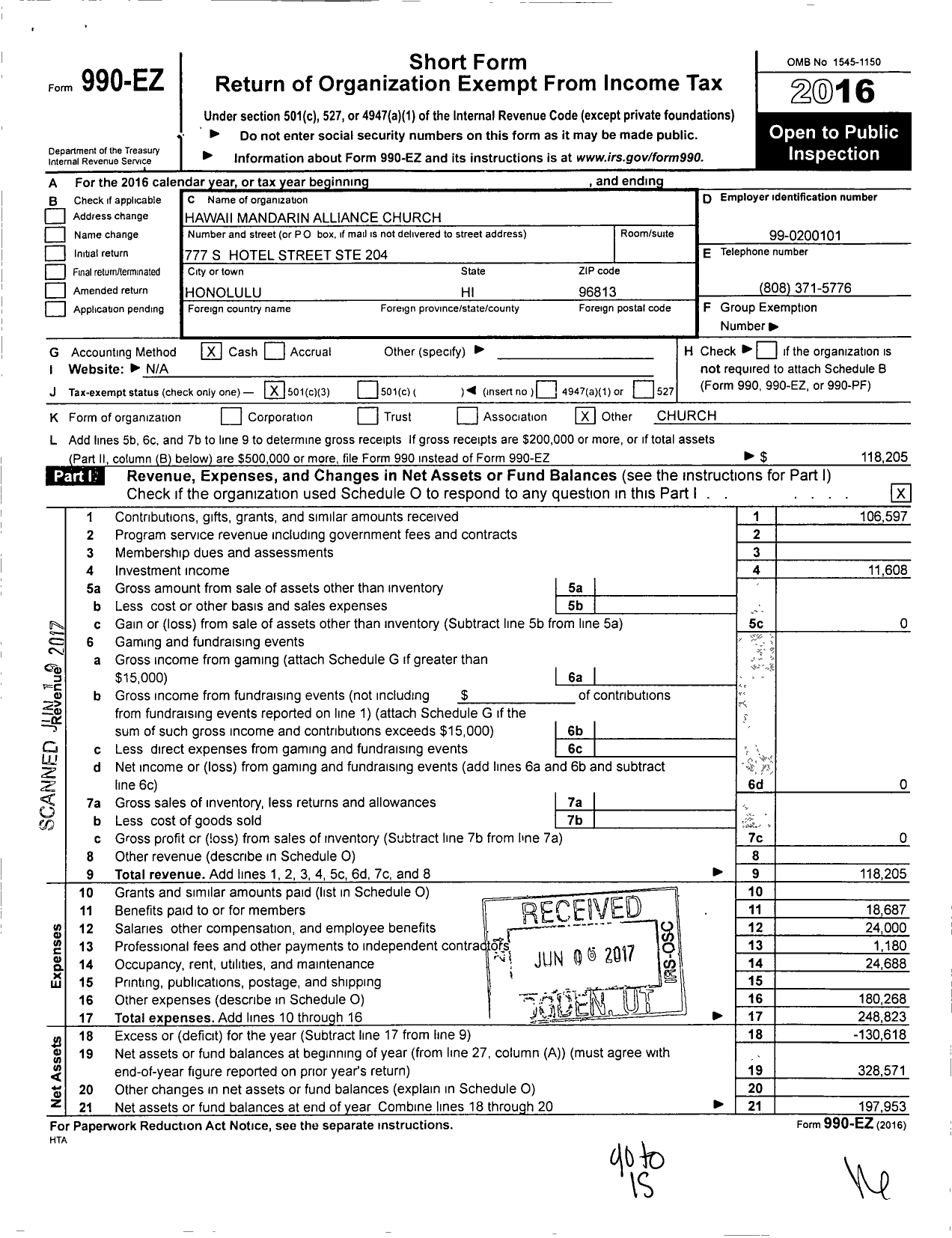 Image of first page of 2016 Form 990EZ for Hawaii Mandarin Alliance Church