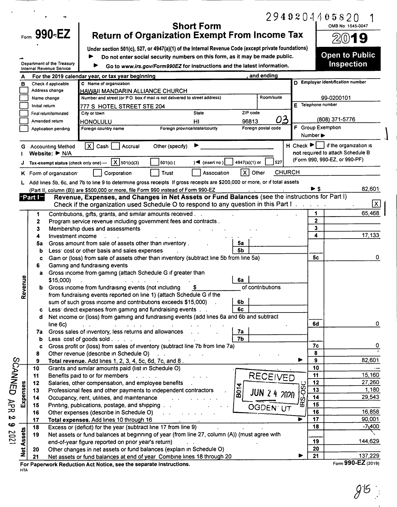 Image of first page of 2019 Form 990EZ for Hawaii Mandarin Alliance Church