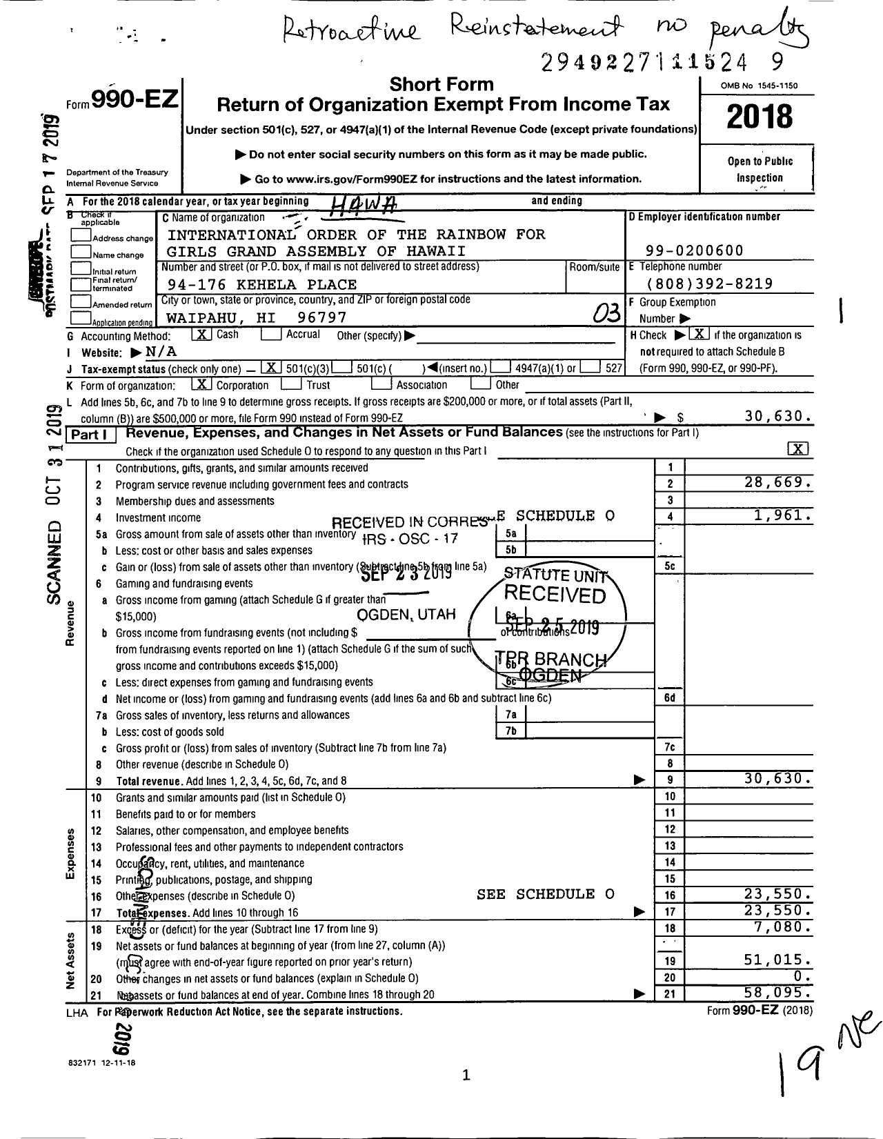 Image of first page of 2018 Form 990EZ for International Order of the Rainbow for Girls Grand Assembly of Hawaii