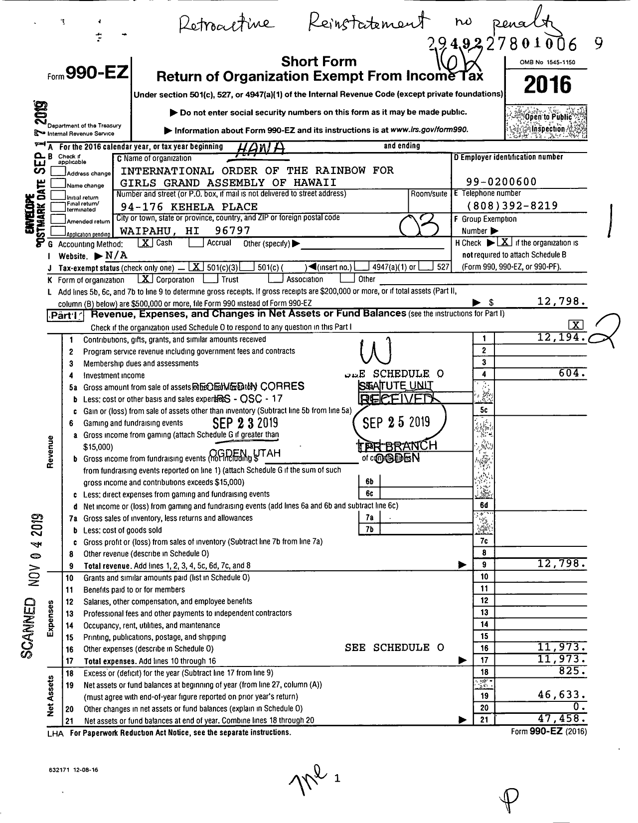 Image of first page of 2016 Form 990EZ for International Order of the Rainbow for Girls Grand Assembly of Hawaii