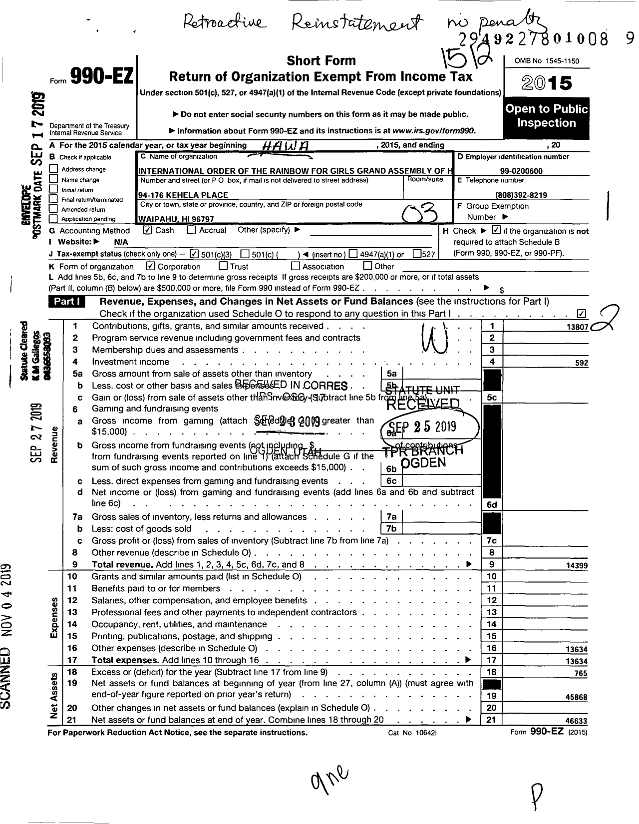 Image of first page of 2015 Form 990EZ for International Order of the Rainbow for Girls Grand Assembly of Hawaii