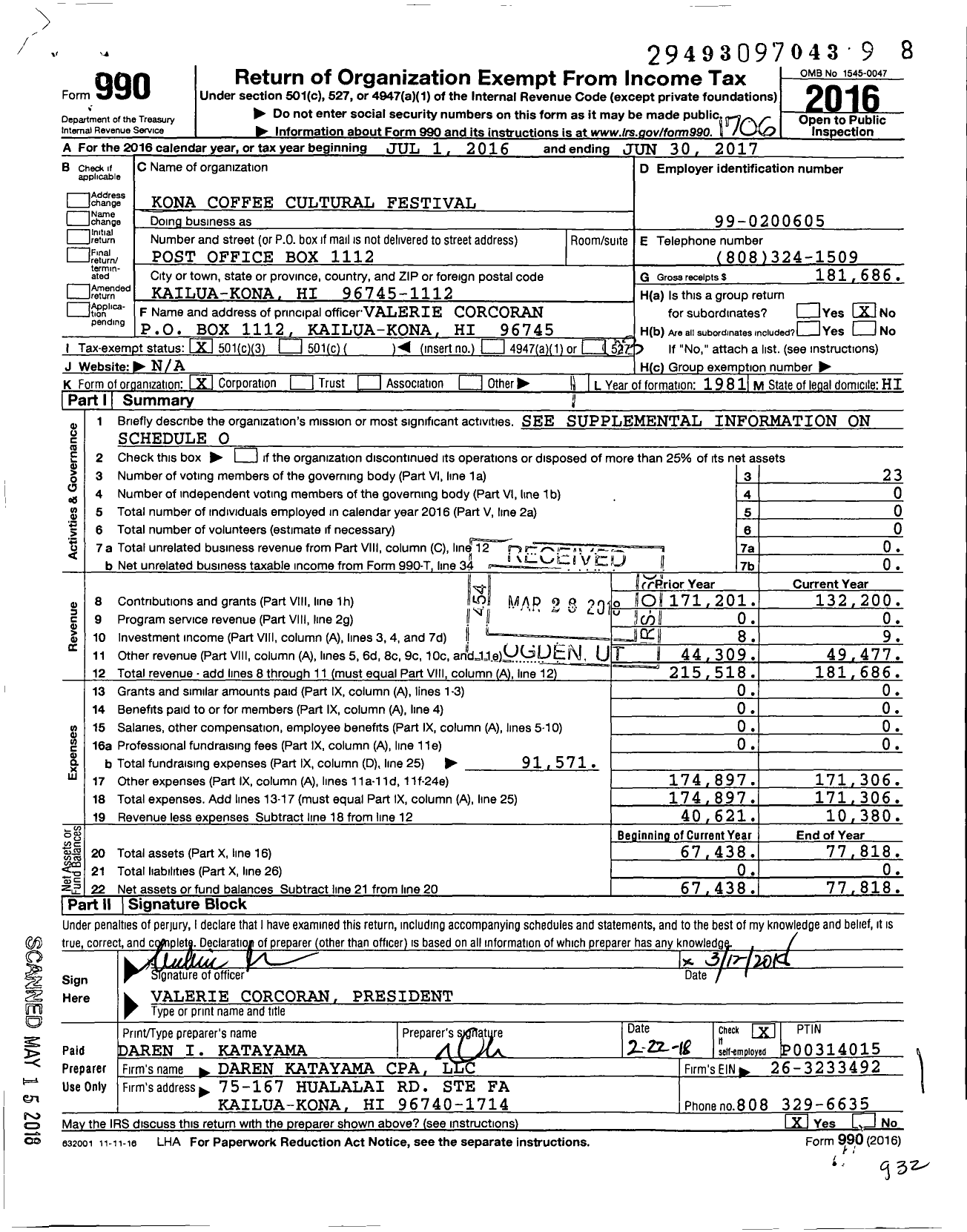 Image of first page of 2016 Form 990 for Kona Coffee Cultural Festival