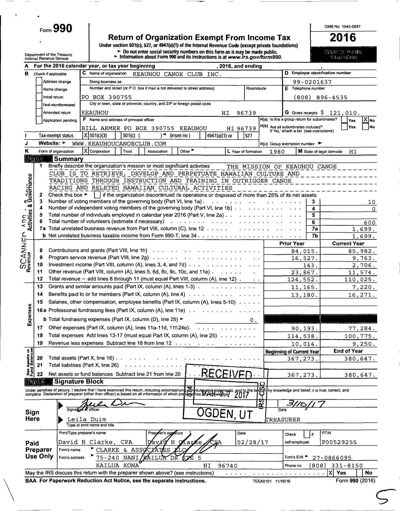 Image of first page of 2016 Form 990 for Keauhou Canoe Club