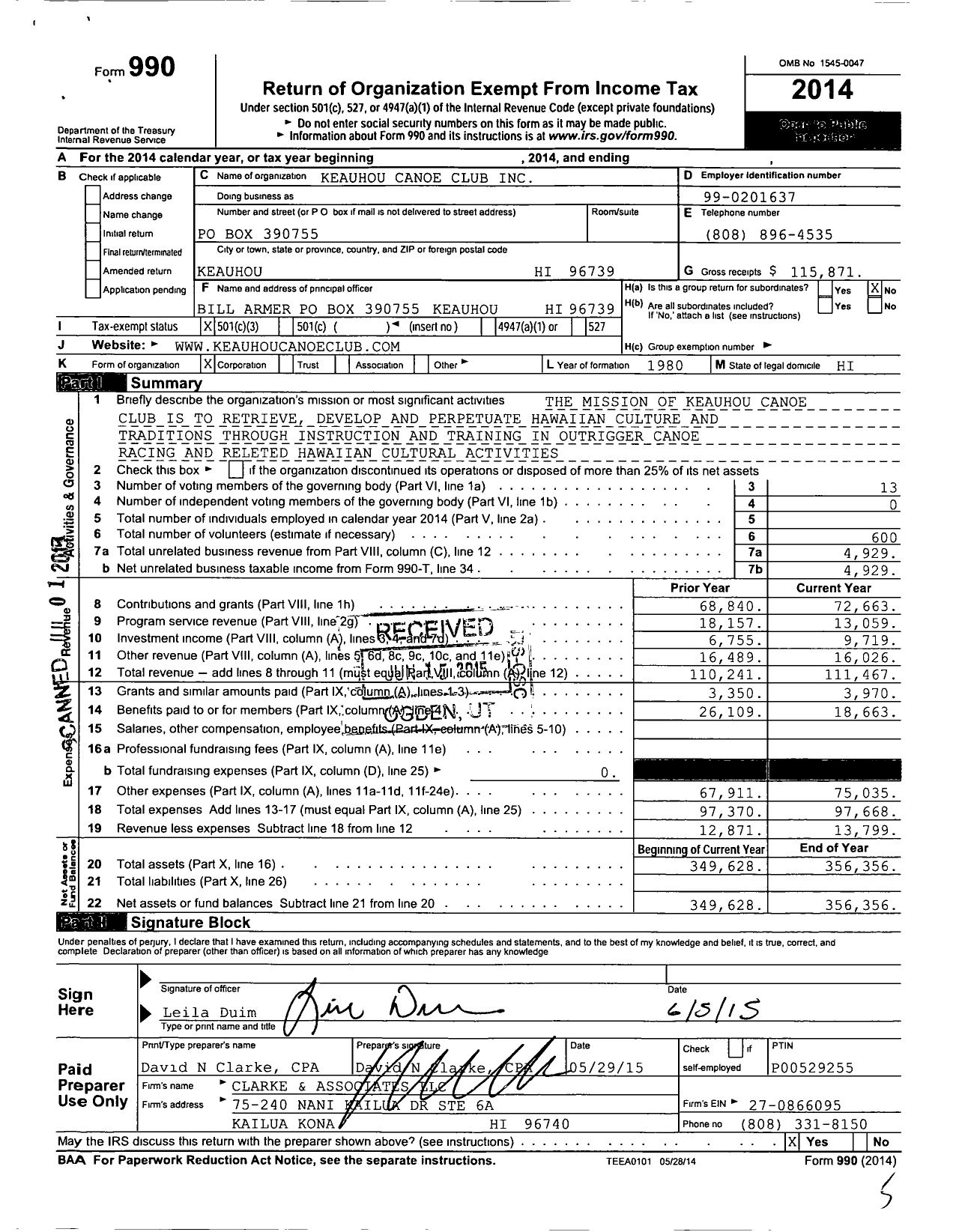 Image of first page of 2014 Form 990 for Keauhou Canoe Club