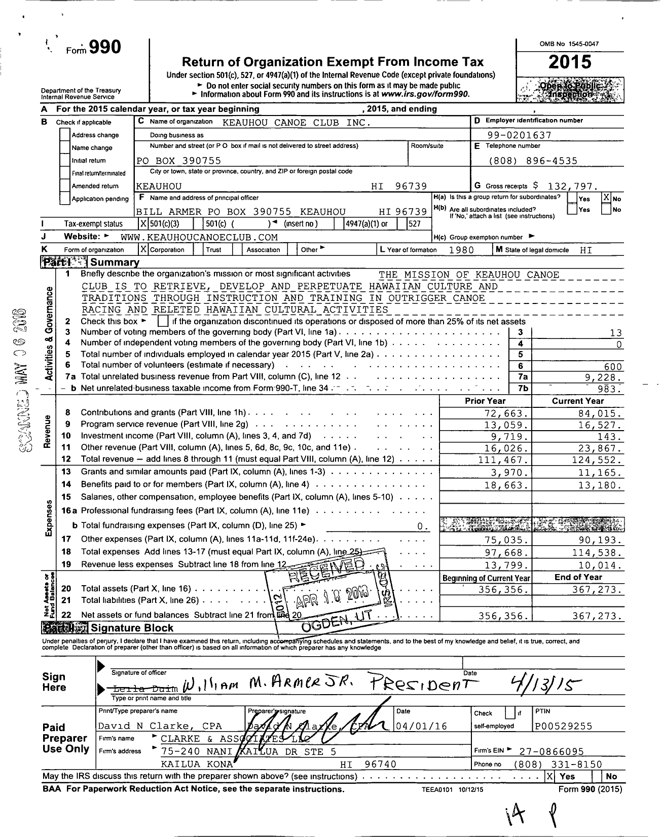 Image of first page of 2015 Form 990 for Keauhou Canoe Club