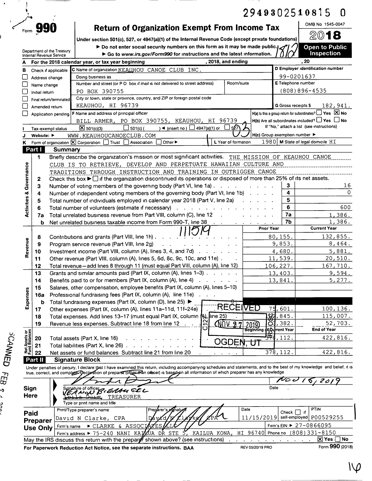 Image of first page of 2018 Form 990 for Keauhou Canoe Club