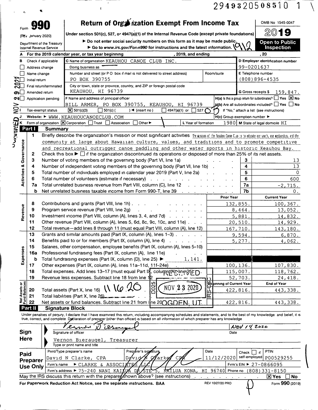 Image of first page of 2019 Form 990 for Keauhou Canoe Club