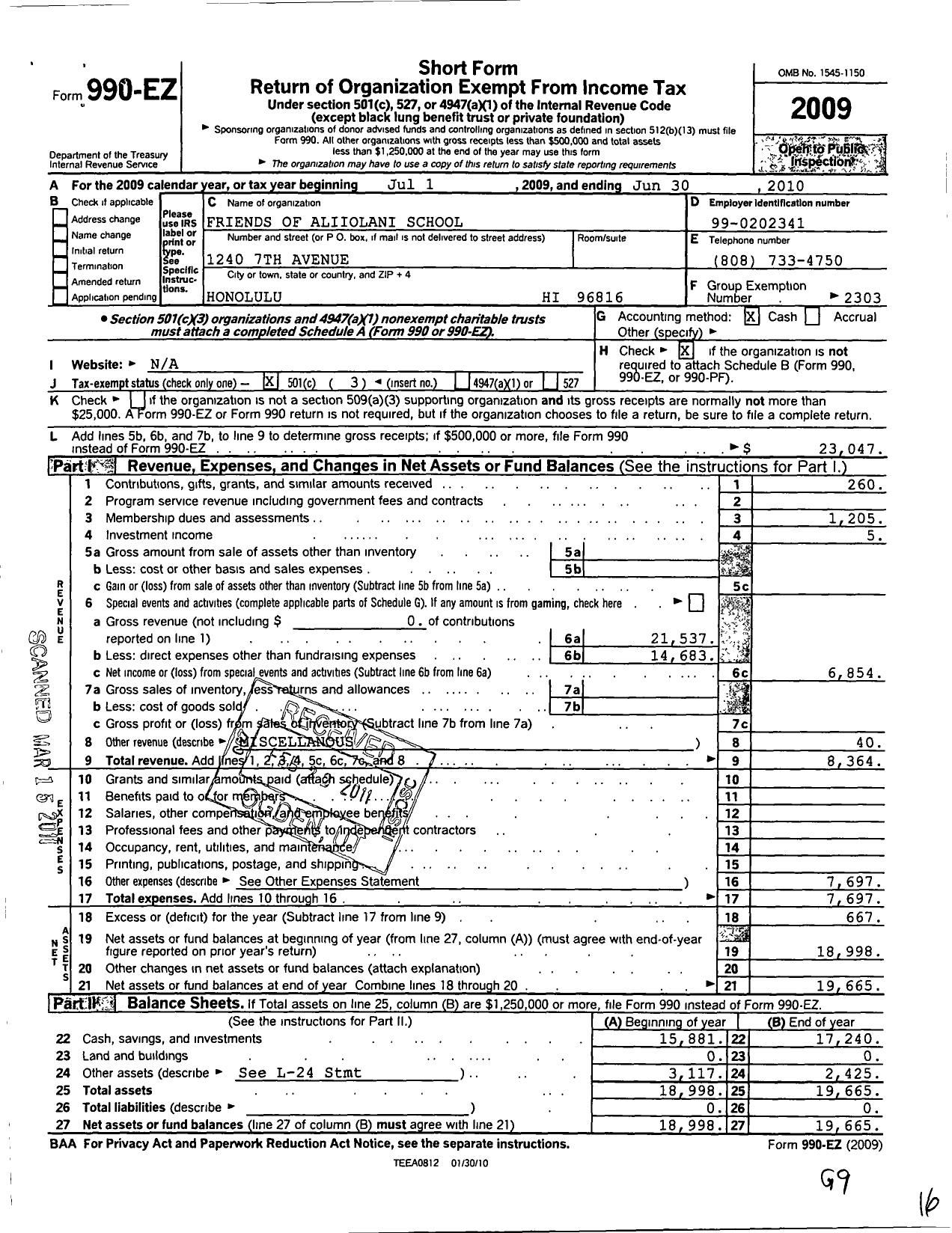 Image of first page of 2009 Form 990EZ for PTA Hawaii Congress / Friends of Aliiolani Elementary PTA