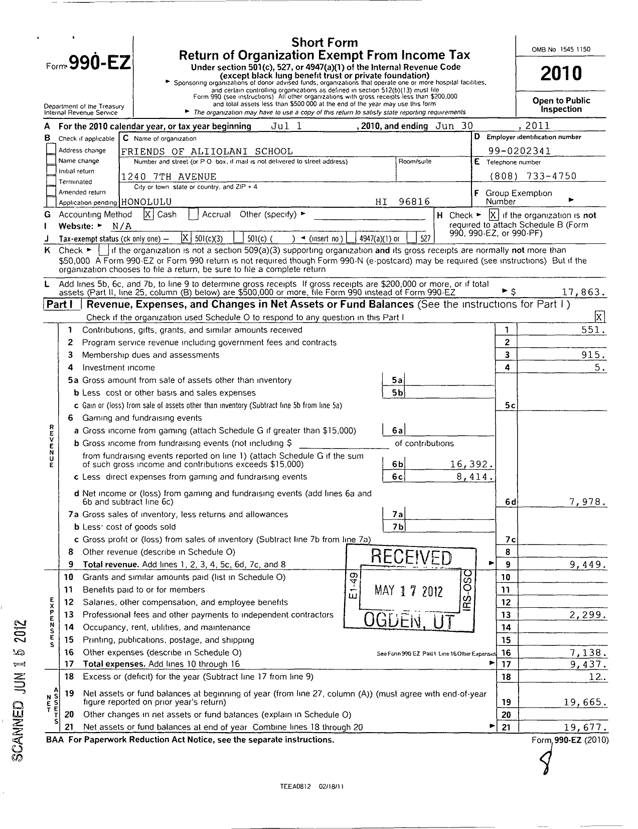 Image of first page of 2010 Form 990EZ for PTA Hawaii Congress / Friends of Aliiolani Elementary PTA