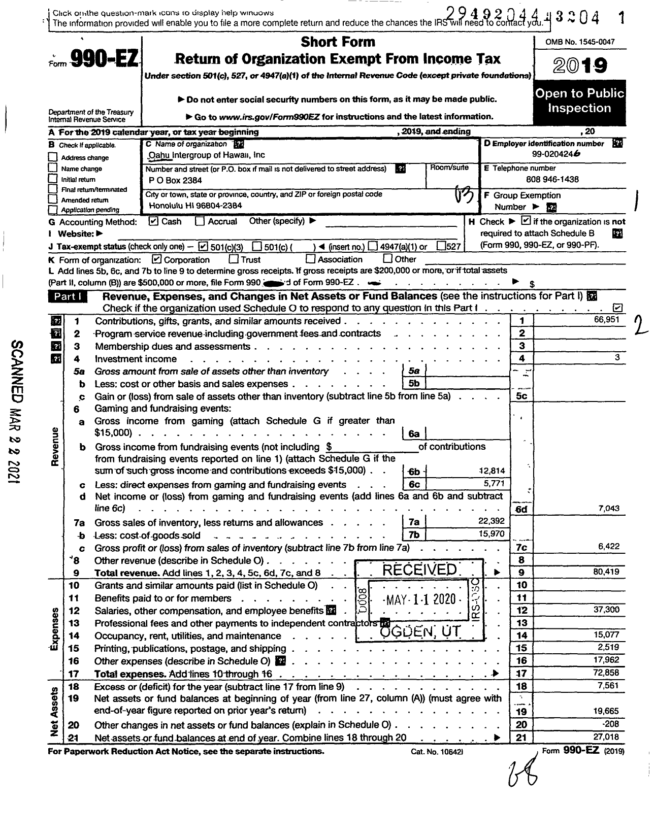 Image of first page of 2019 Form 990EZ for Oahu Intergroup of Hawaii
