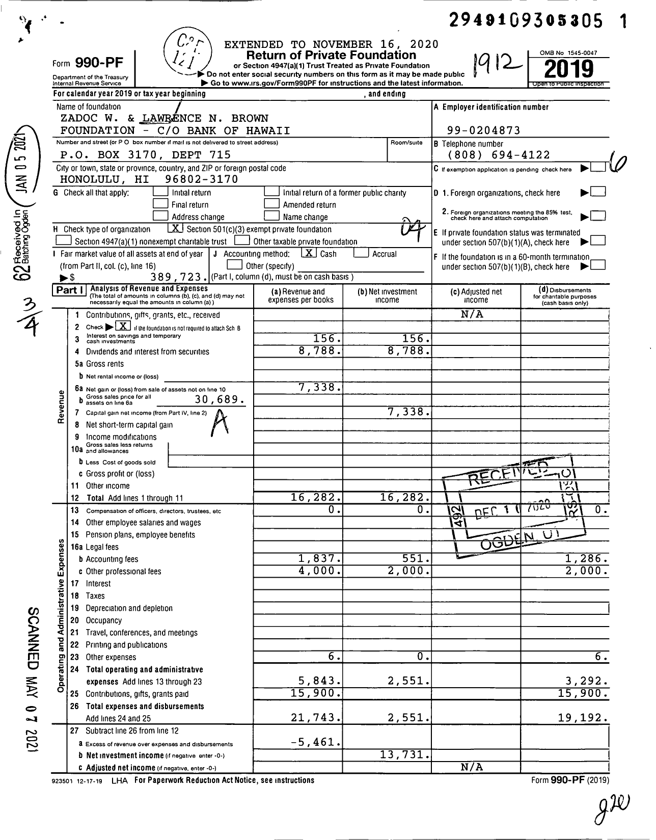 Image of first page of 2019 Form 990PF for Zadoc W and Lawrence N Brown Foundation