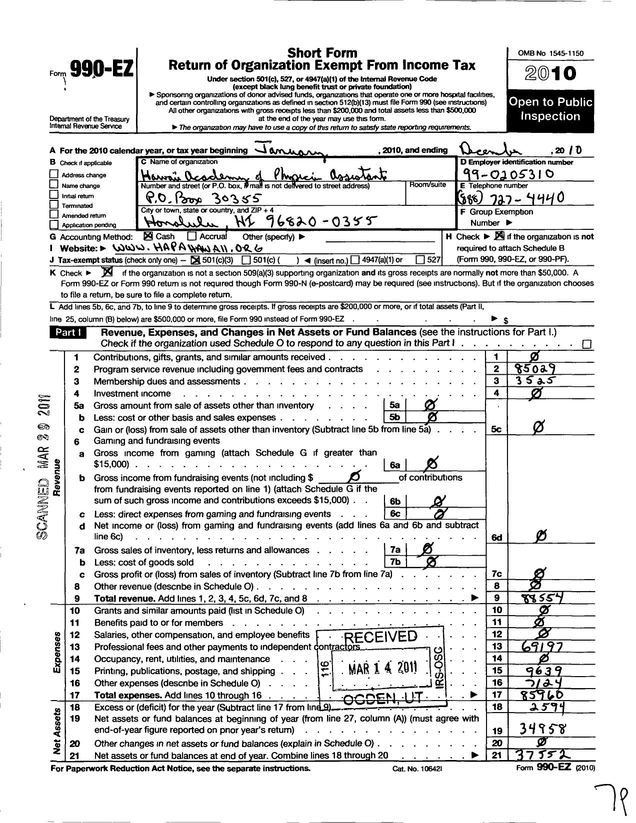 Image of first page of 2010 Form 990EZ for Hawaii Academy of Physician Assistants