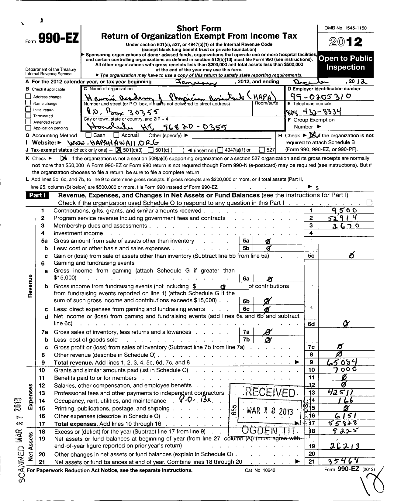 Image of first page of 2012 Form 990EZ for Hawaii Academy of Physician Assistants