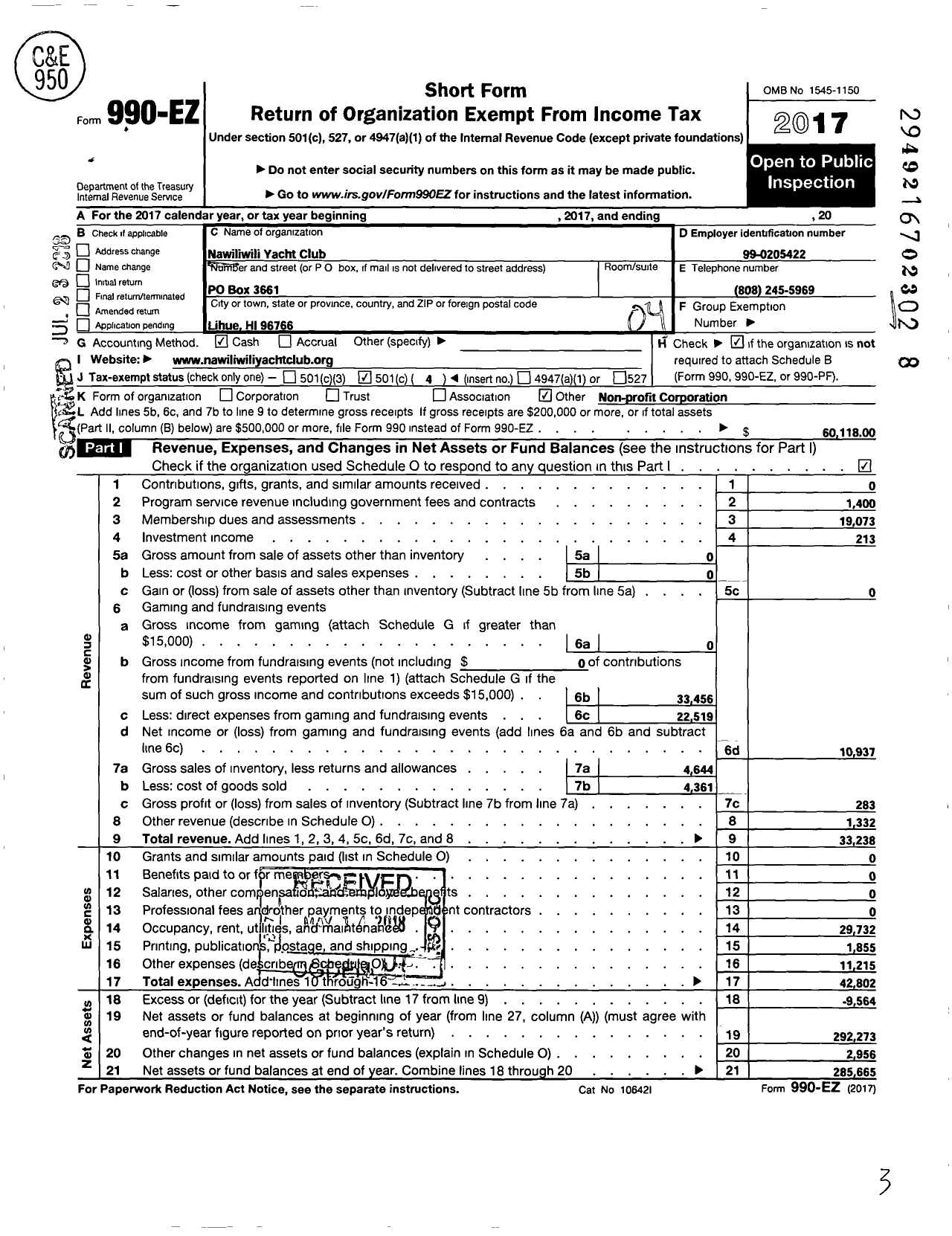 Image of first page of 2017 Form 990EO for Nawiliwili Yacht Club