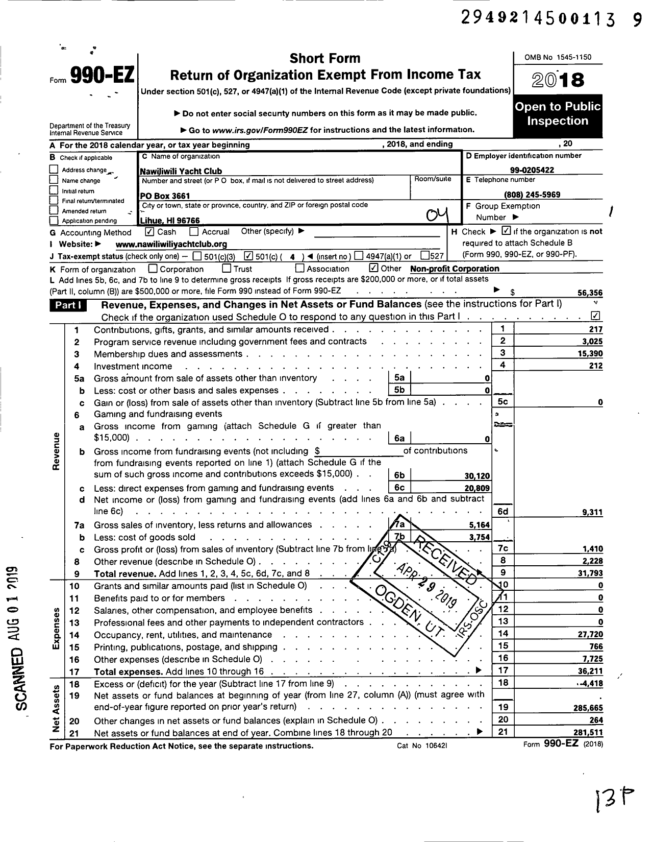 Image of first page of 2018 Form 990EO for Nawiliwili Yacht Club