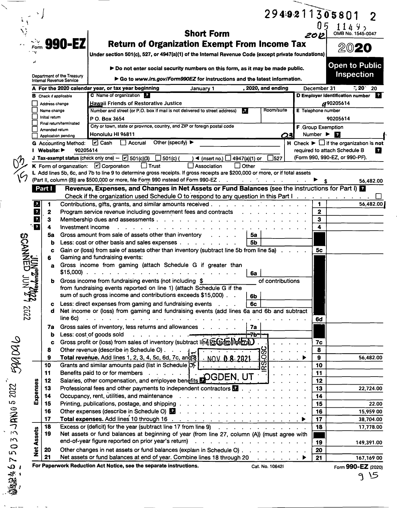 Image of first page of 2020 Form 990EZ for Hawaii Friends of Restorative Justice