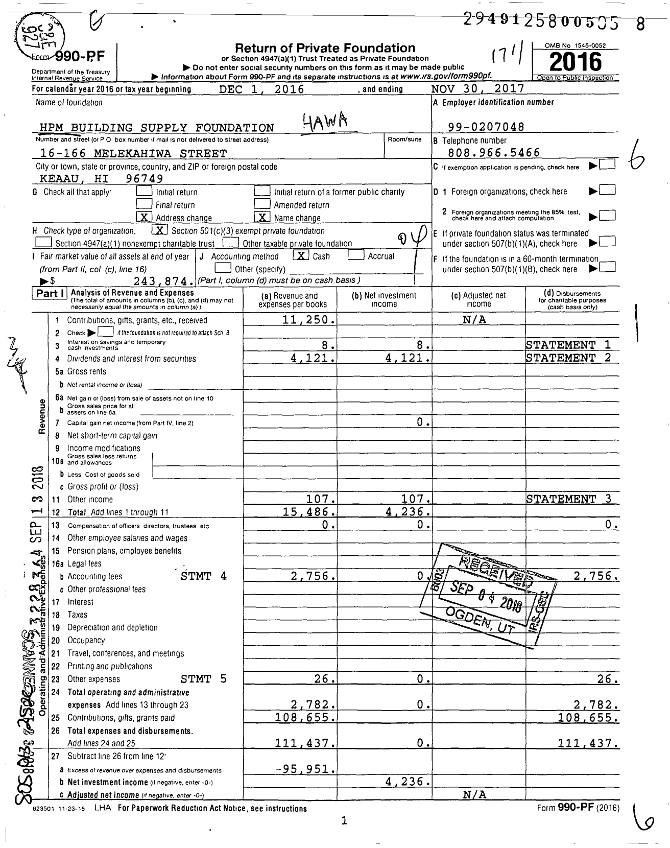 Image of first page of 2016 Form 990PF for HPM Building Supply Foundation