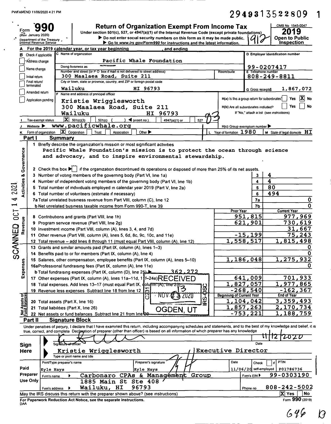 Image of first page of 2019 Form 990 for Pacific Whale Foundation