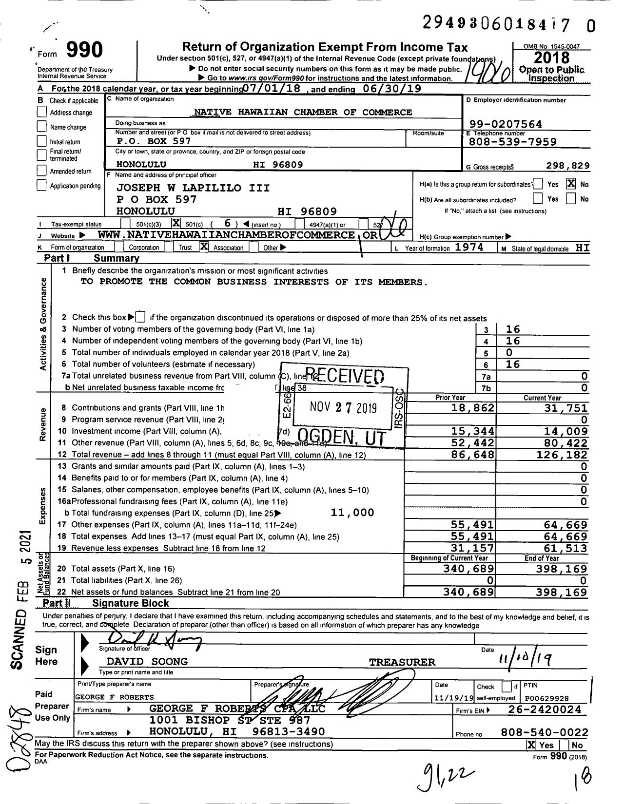 Image of first page of 2018 Form 990O for Native Hawaiian Chamber of Commerce