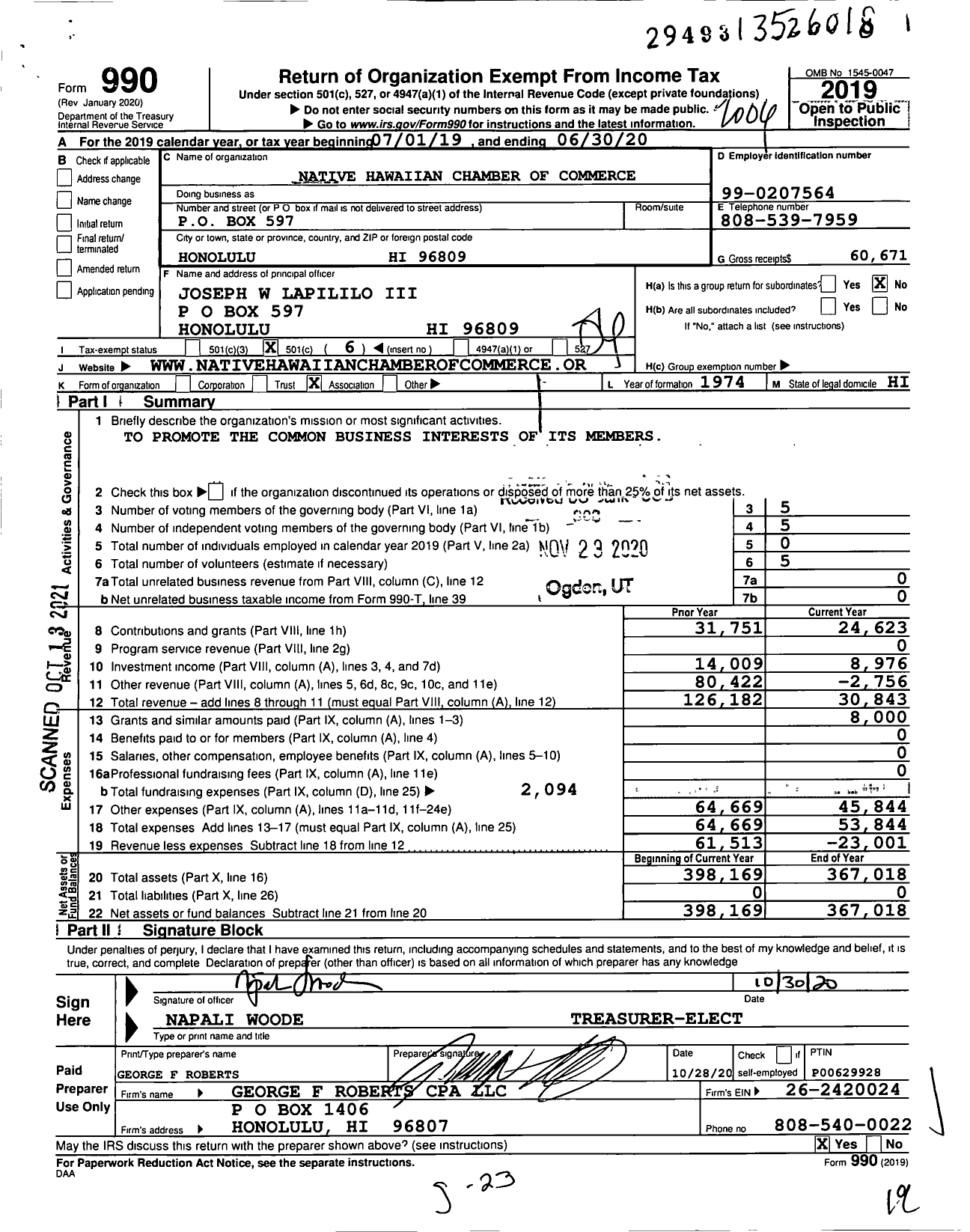 Image of first page of 2019 Form 990O for Native Hawaiian Chamber of Commerce