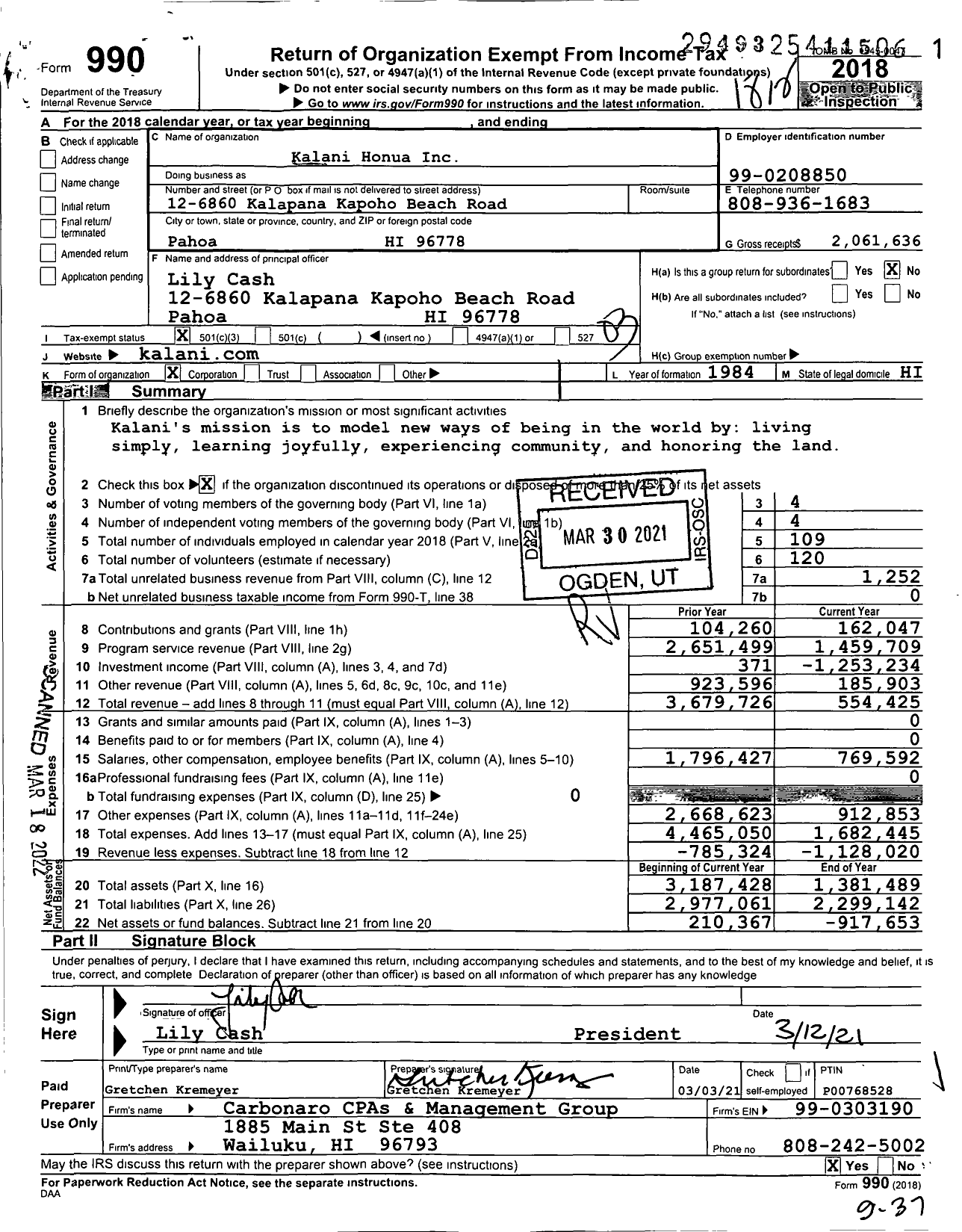 Image of first page of 2018 Form 990 for Kalanimua