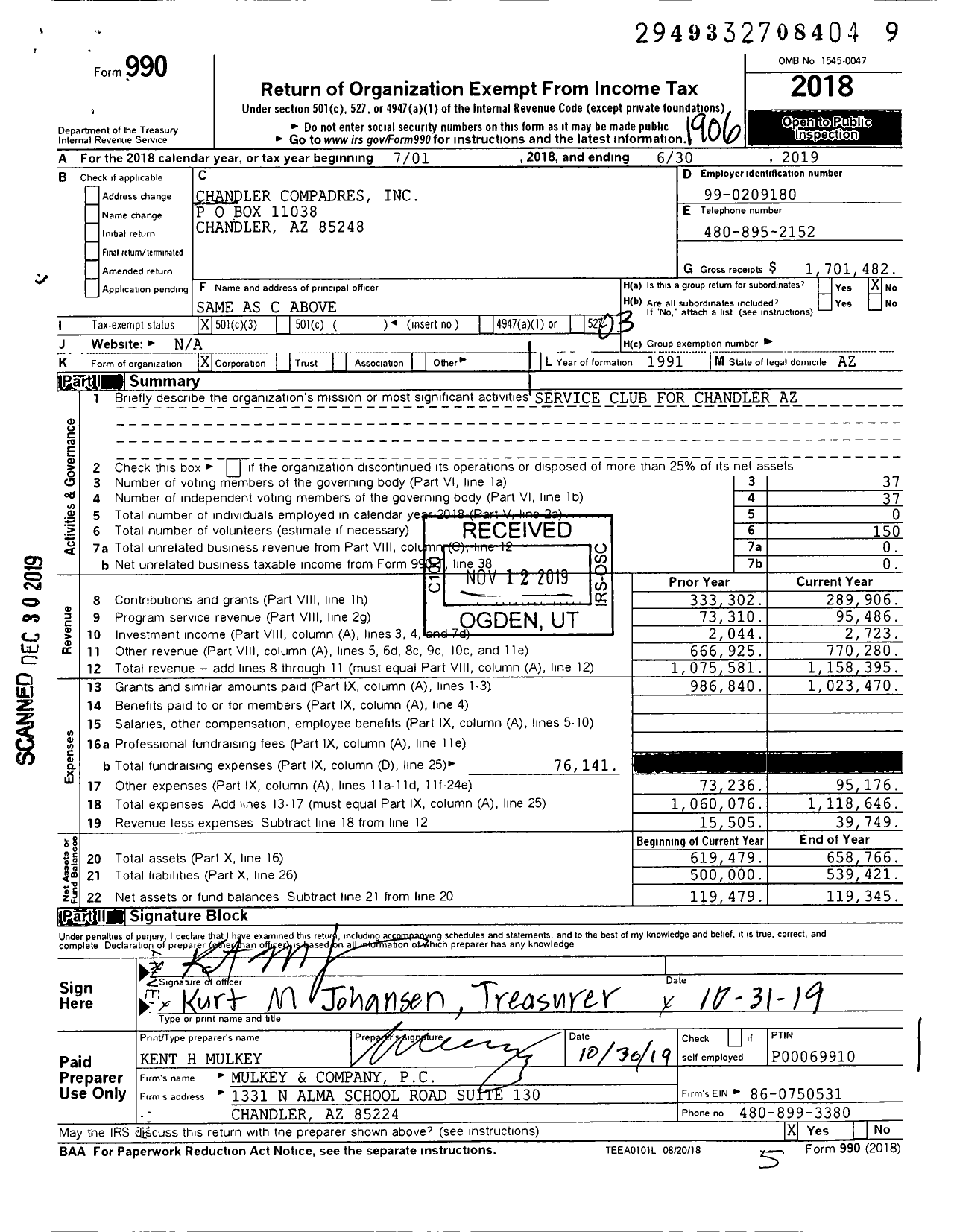 Image of first page of 2018 Form 990 for Chandler Compadres
