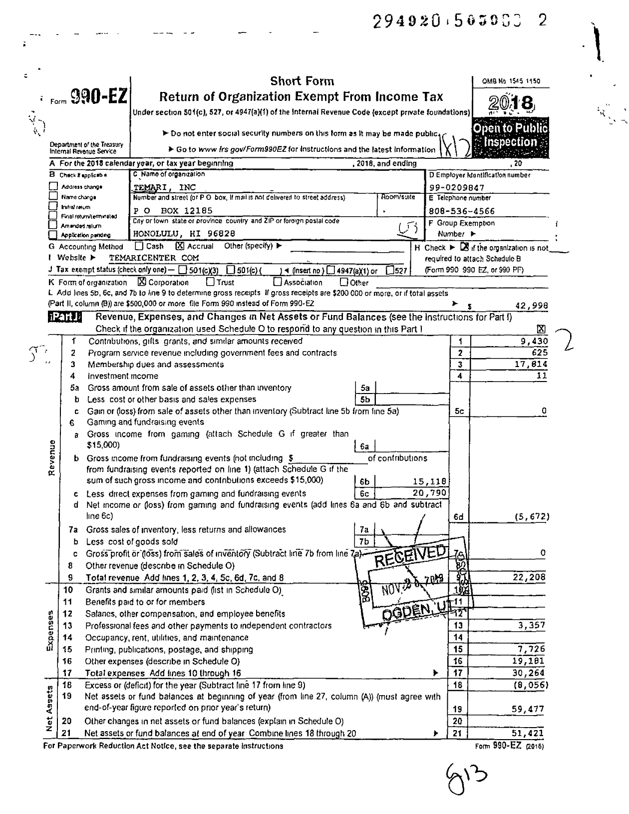 Image of first page of 2018 Form 990EZ for Temari