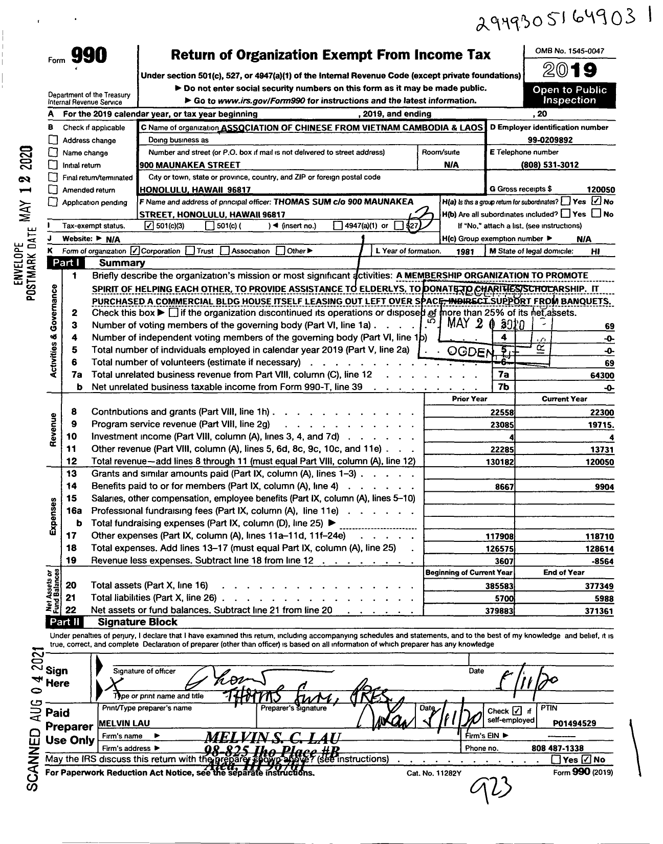 Image of first page of 2019 Form 990 for Association of Chinese From Vietnam Cambodia and Laos