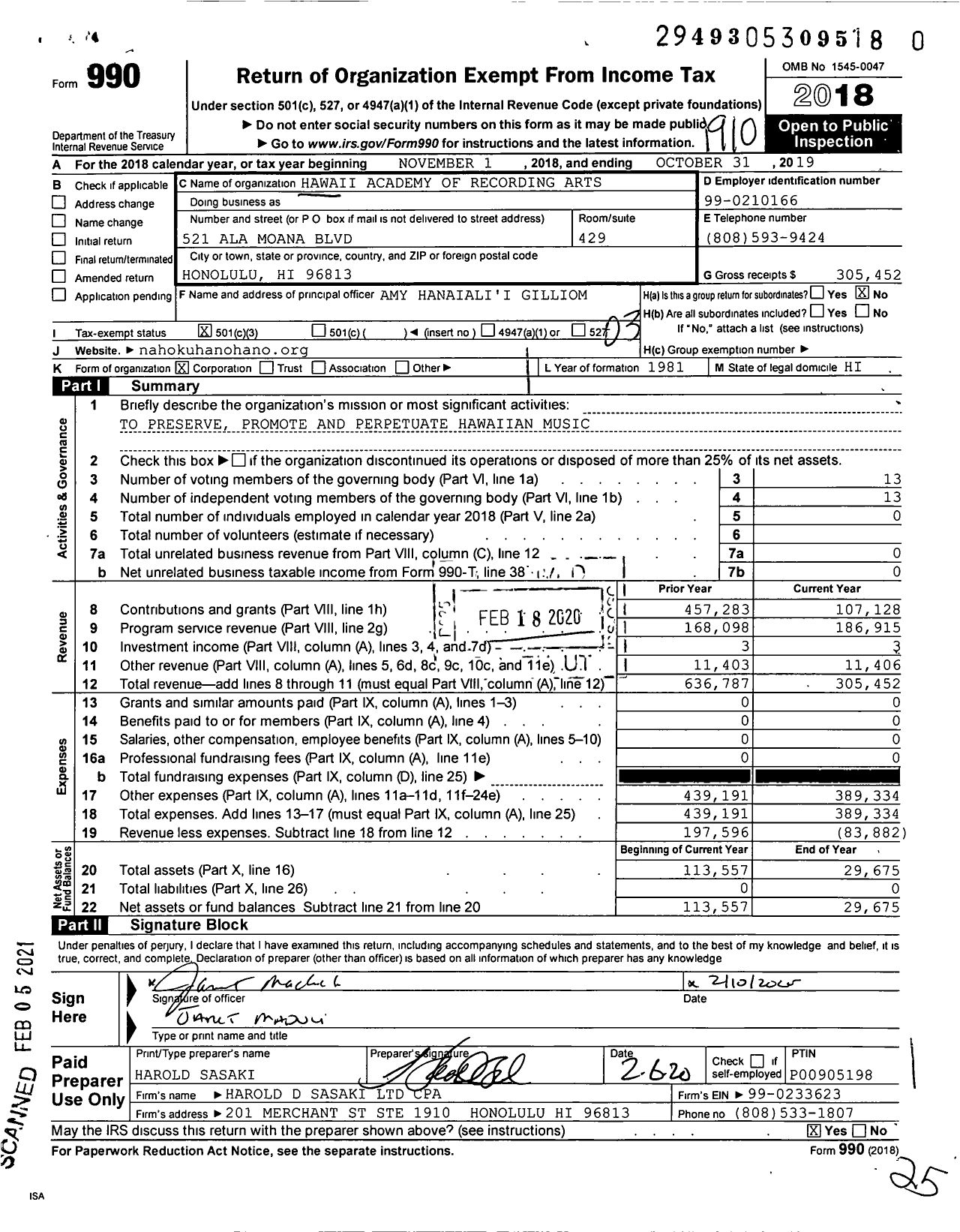 Image of first page of 2018 Form 990 for Hawaii Academy of Recording Arts