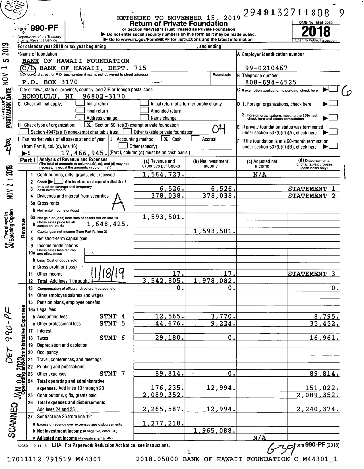 Image of first page of 2018 Form 990PF for Bank of Hawaii Foundation