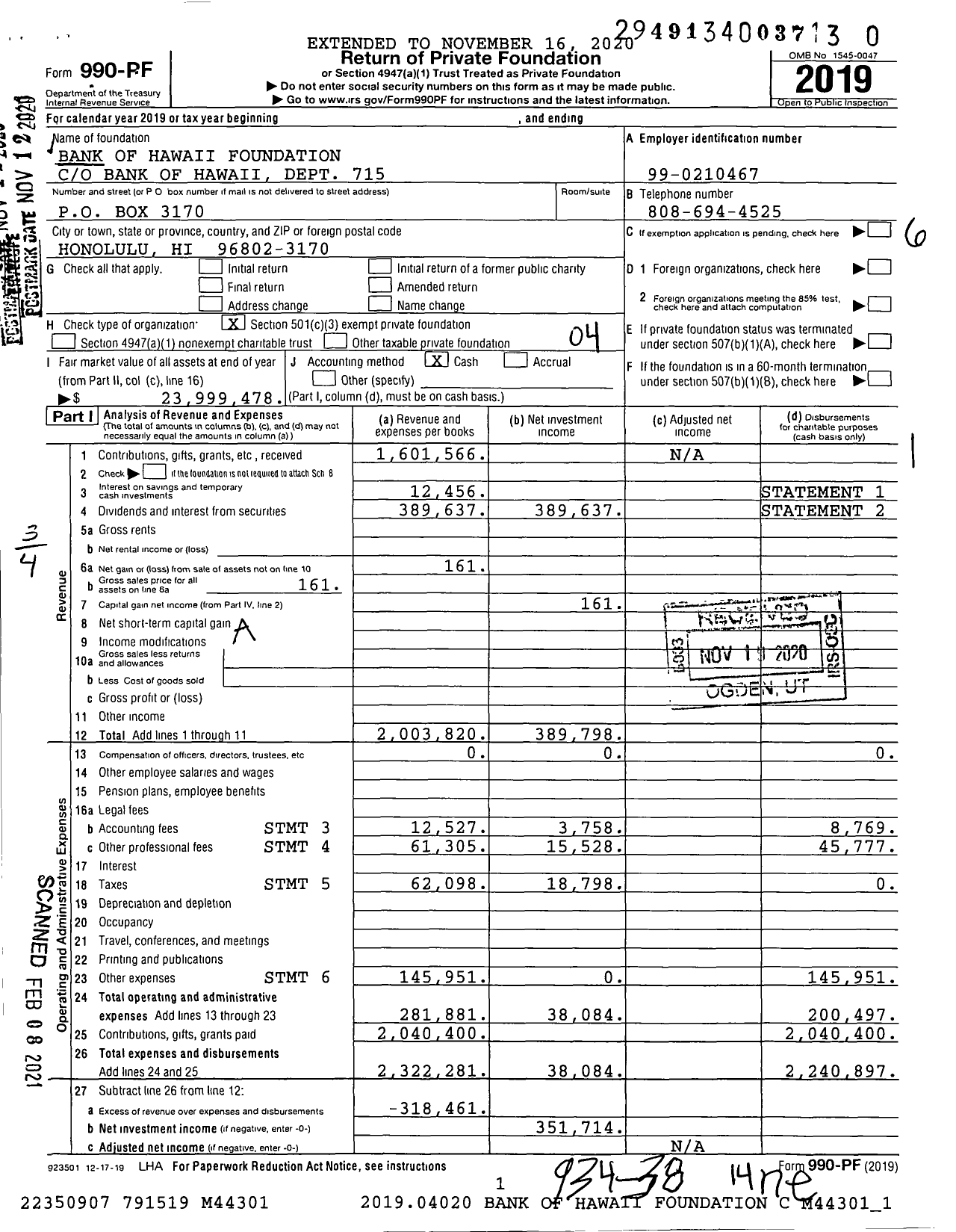 Image of first page of 2019 Form 990PF for Bank of Hawaii Foundation