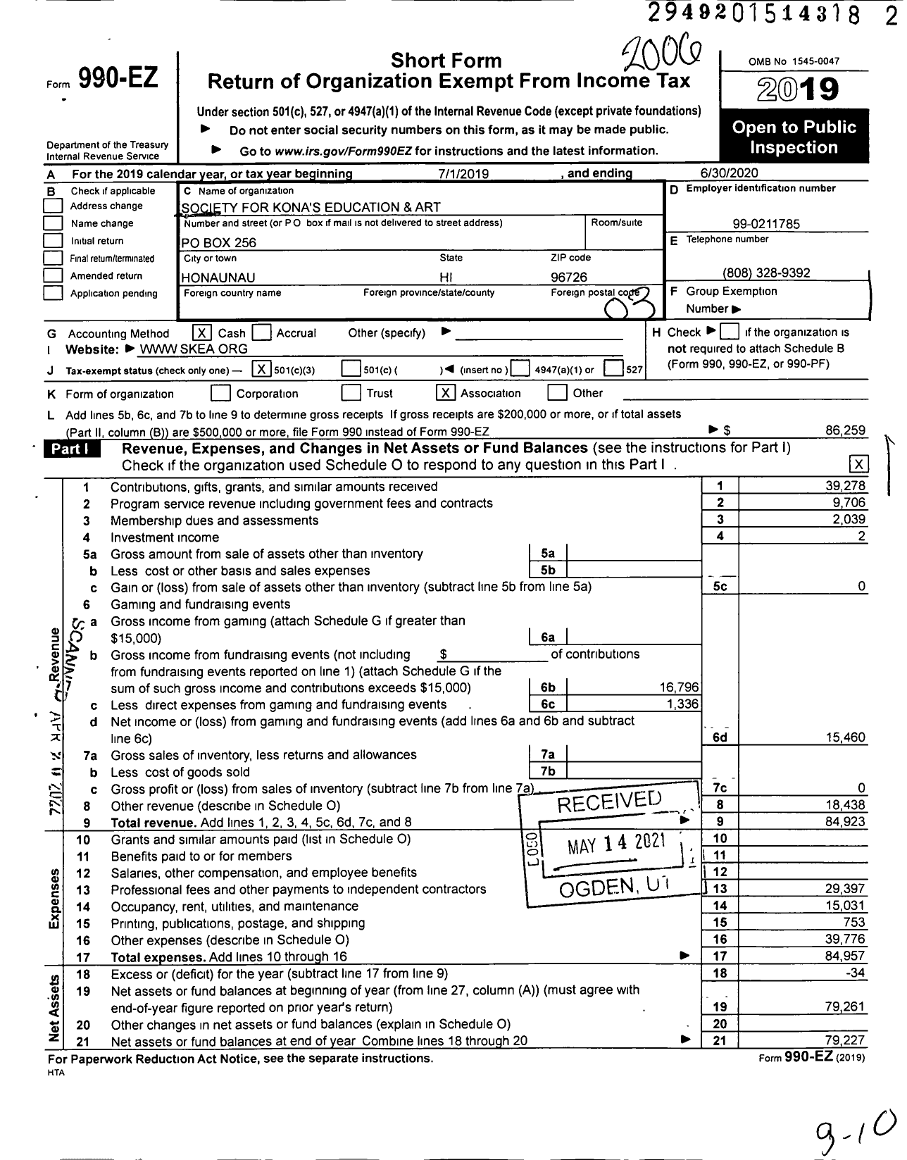 Image of first page of 2019 Form 990EZ for Society for Konas Education and Art