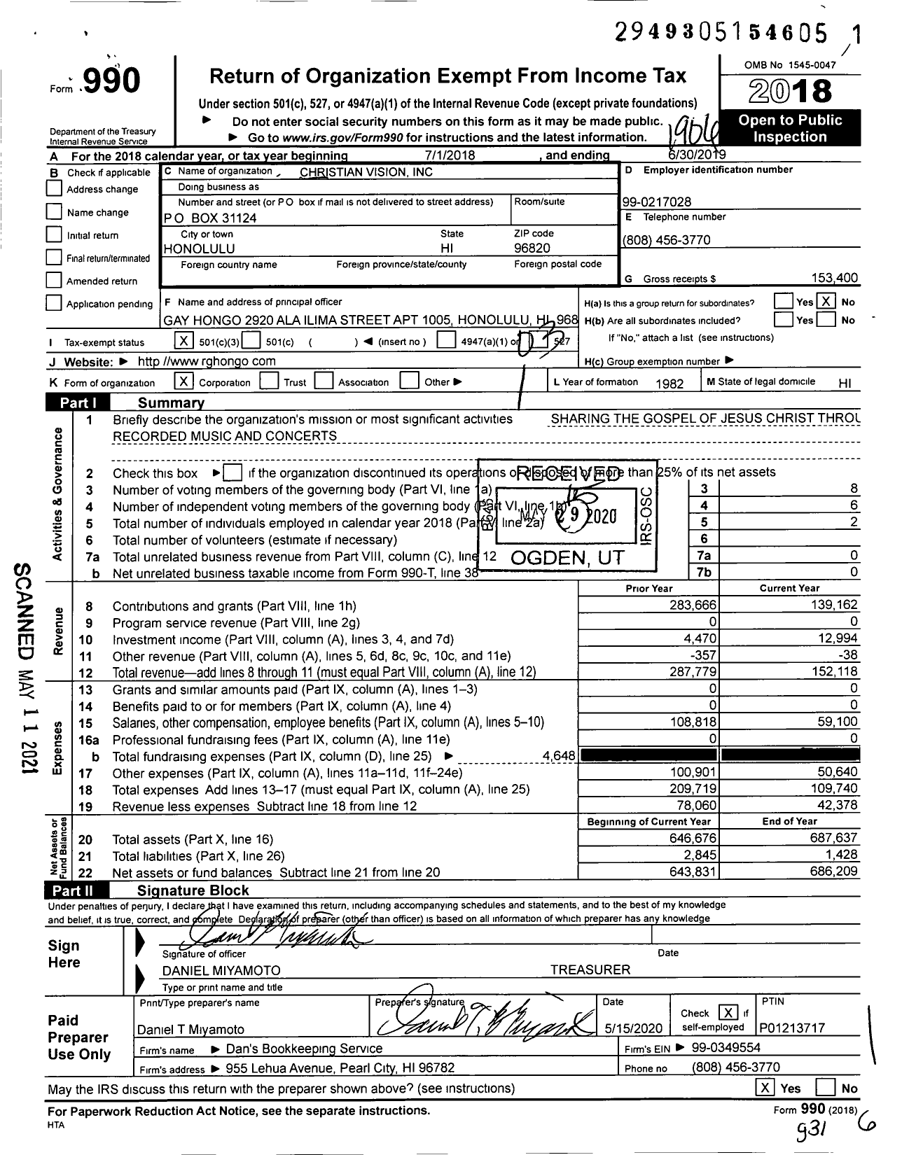 Image of first page of 2018 Form 990 for Christian Vision