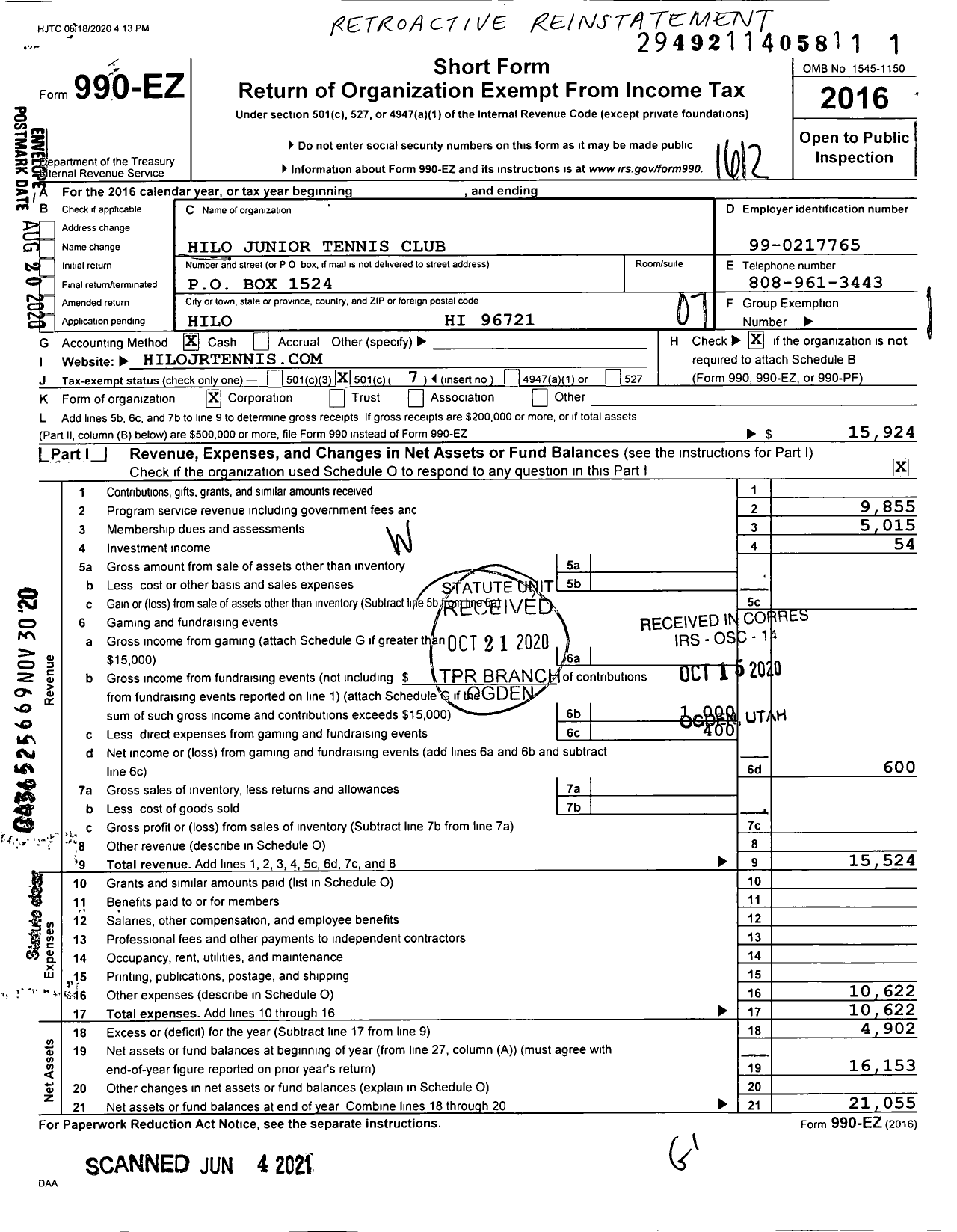 Image of first page of 2016 Form 990EO for Hilo Junior Tennis Club