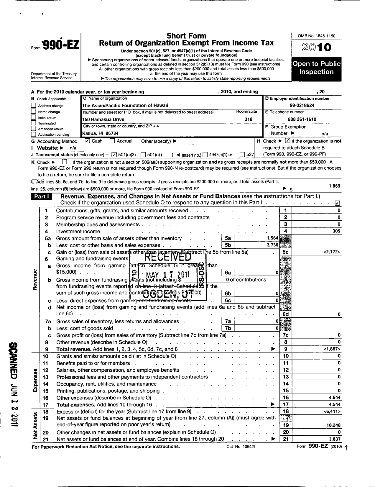 Image of first page of 2010 Form 990EZ for Asian Pacific Foundation of Hawaii