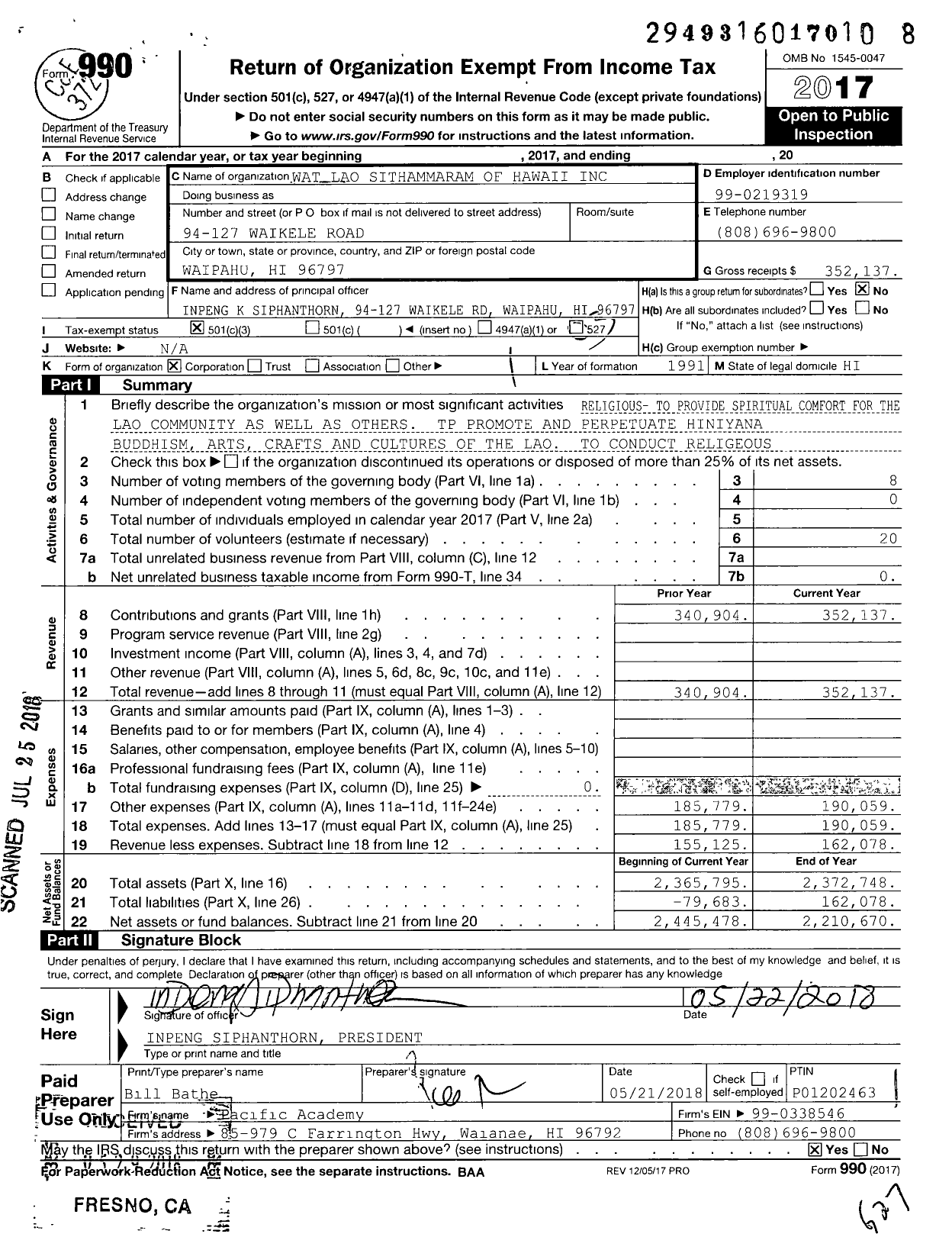 Image of first page of 2017 Form 990 for Wat Lao Sithammaram of Hawaii